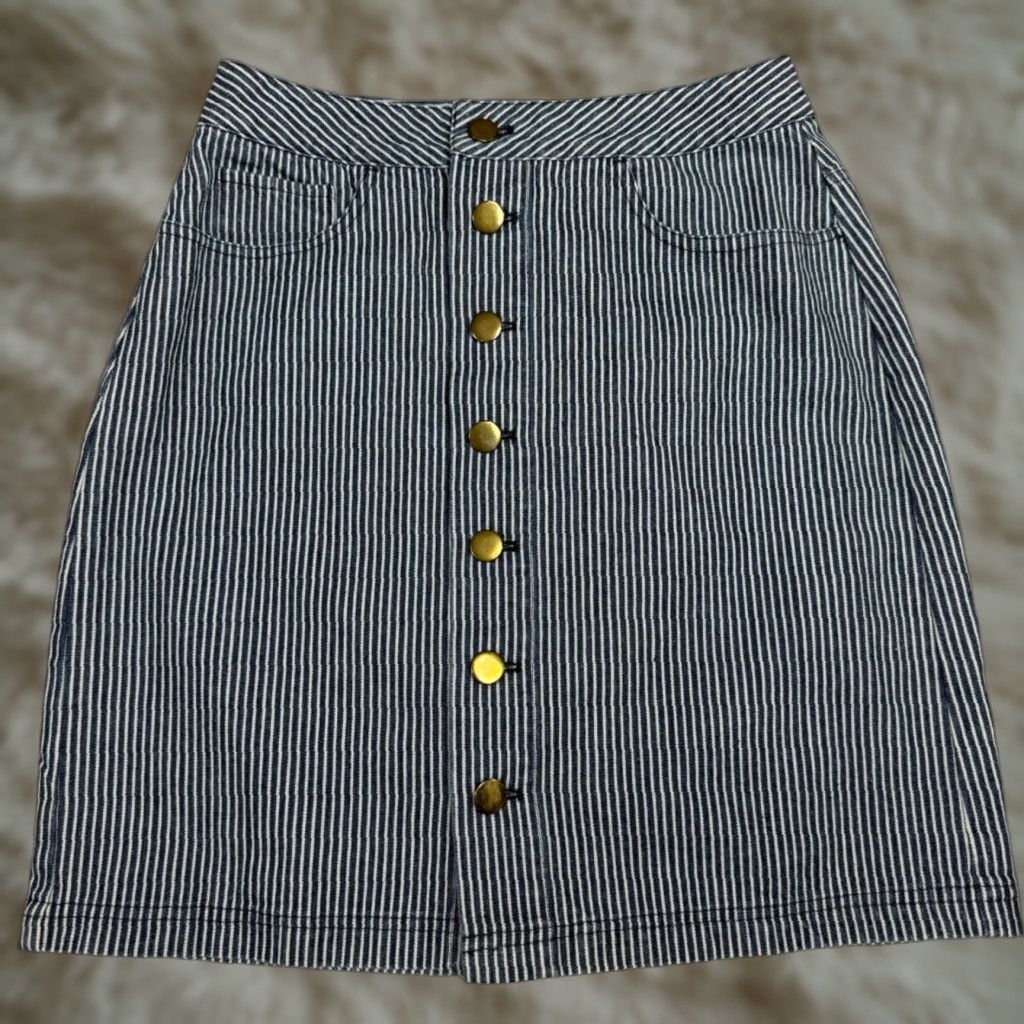 Vintage Le Mont Saint Michel Womens Striped Skirt Sz 34 US 2 Blue Button Front Size 26" / US 2 / IT 38 - 1 Thumbnail