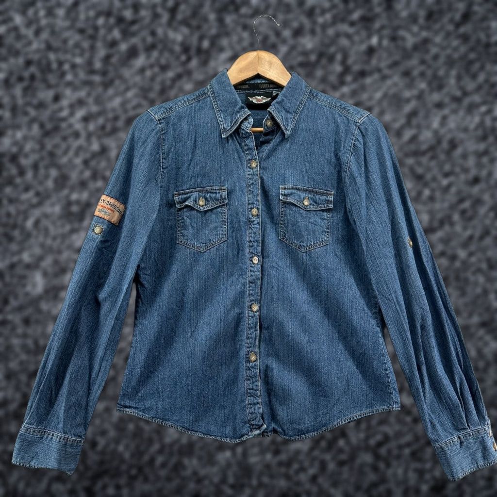 Harley Davidson VINTAGE Harley-Davidson Button-Up Shirt Blue Women’s M Denim V-Twin Power Patch Size L / US 10 / IT 46 - 1 Thumbnail