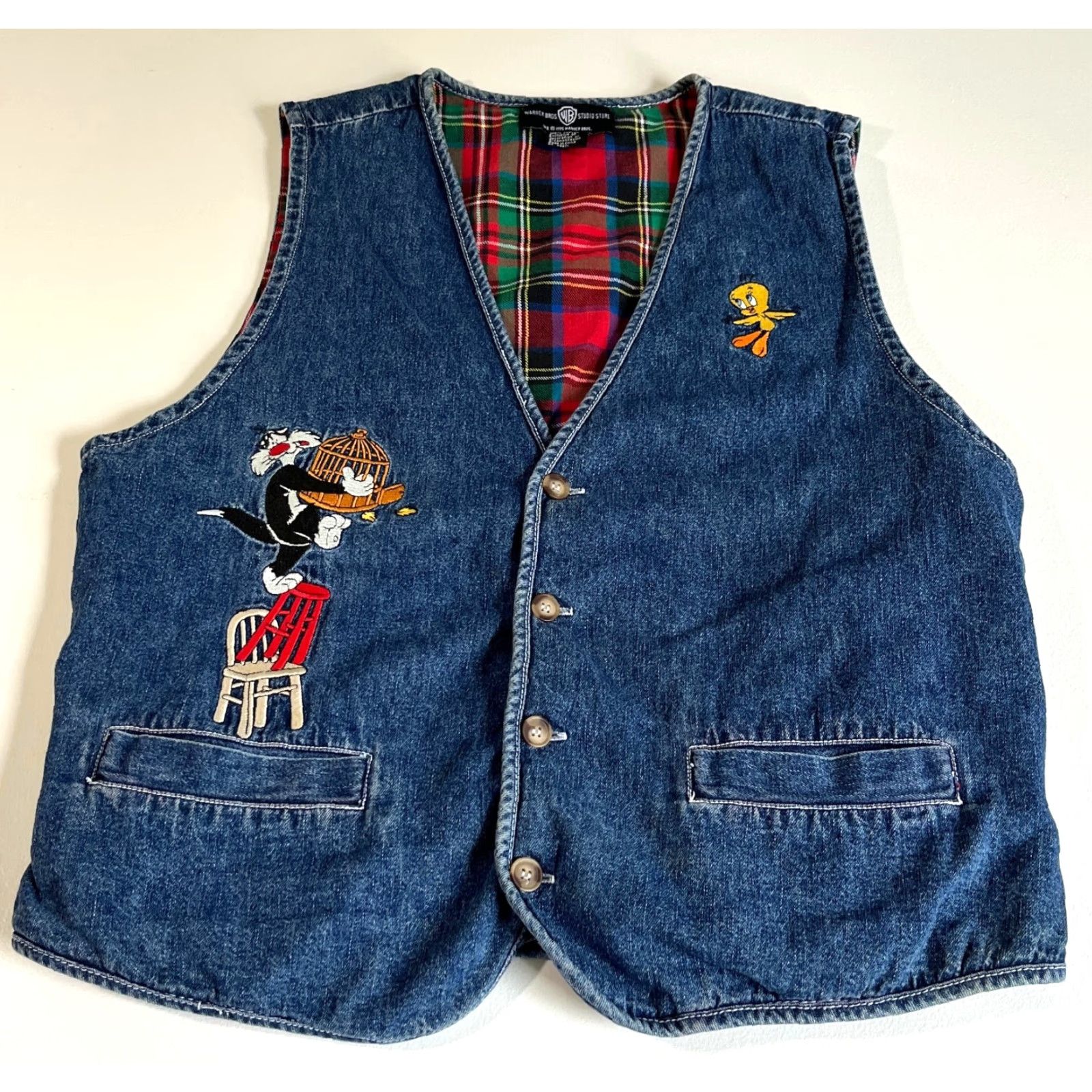 Vintage VINTAGE Women's Denim Vest Warner Bros. Sylvester and Tweety 90s Embroidered Button Front Lined Pockets Blue Cotton M Size M / US 6-8 / IT 42-44 - 6 Thumbnail