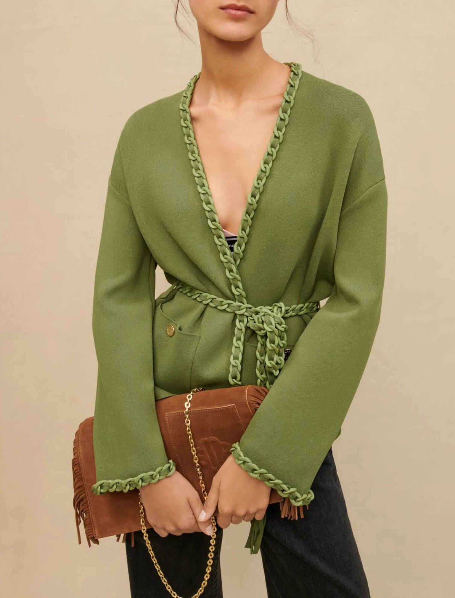 Maje Maje Green Cardigan with Braided Trim Size 3/L Size L / US 10 / IT 46 - 1 Thumbnail