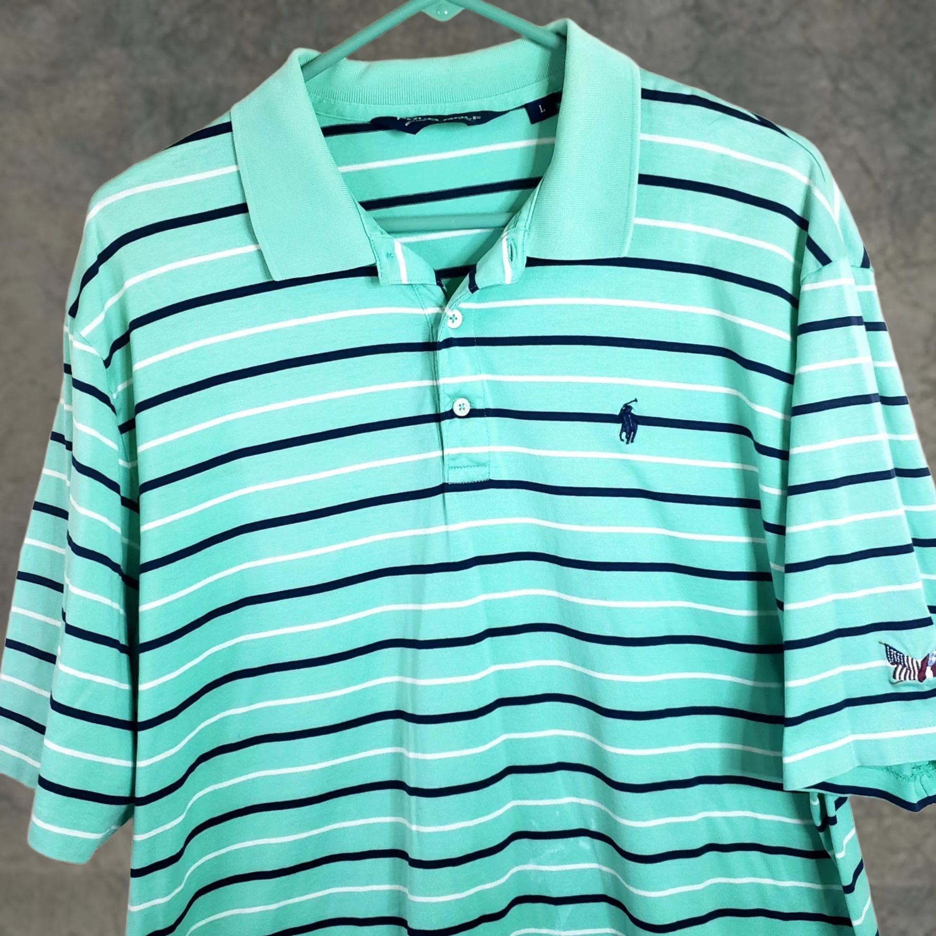 Vintage Polo Golf Shirt Mens L Teal Green Striped Polo Shirt SS Polo Shirt Embroidered Logo Golf Size US L / EU 52-54 / 3 - 1 Thumbnail