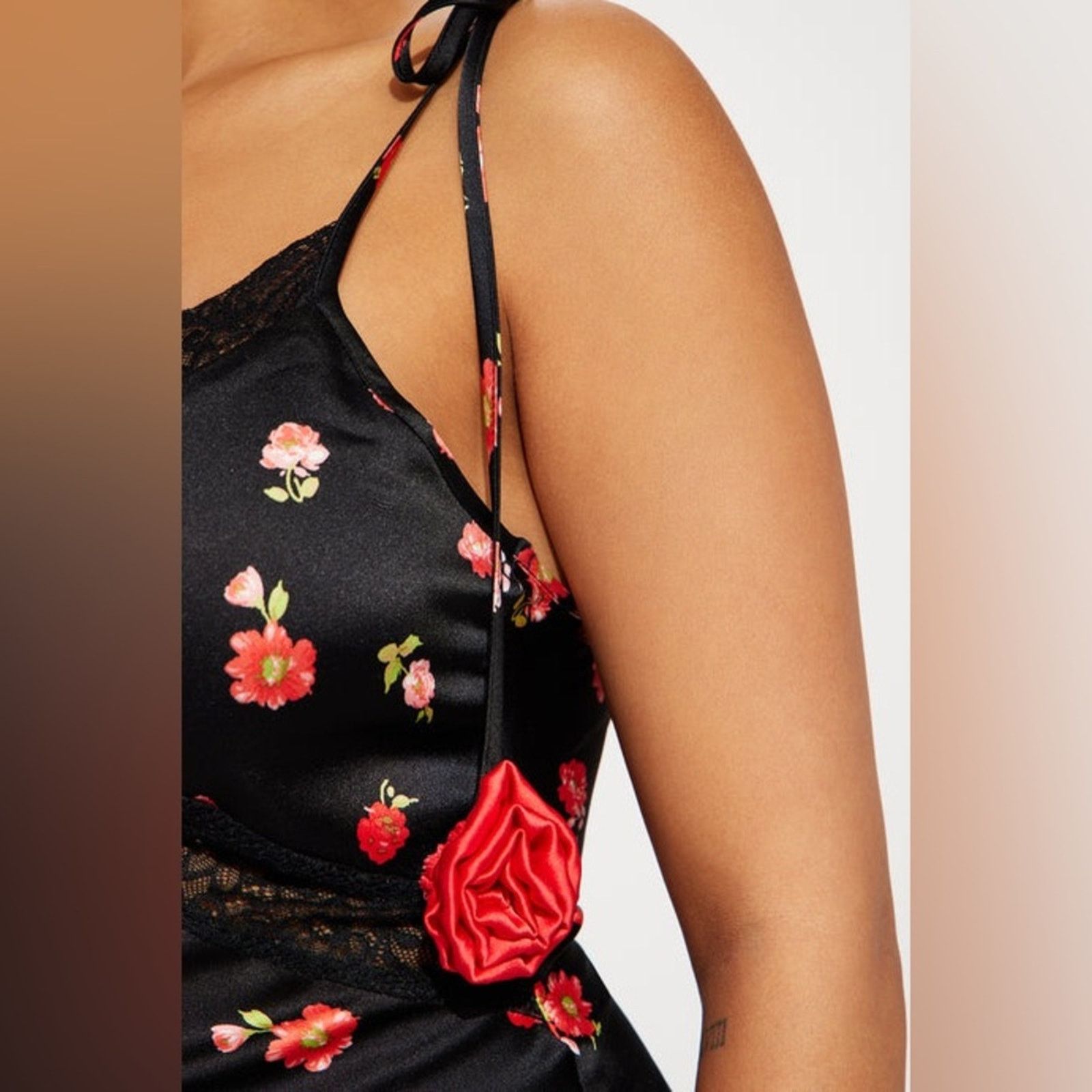 For Love & Lemons 🌹 Nikki Satin Midi Dress Black/RED Size L NWT. (Item #098) Size L / US 10 / IT 46 - 4 Thumbnail