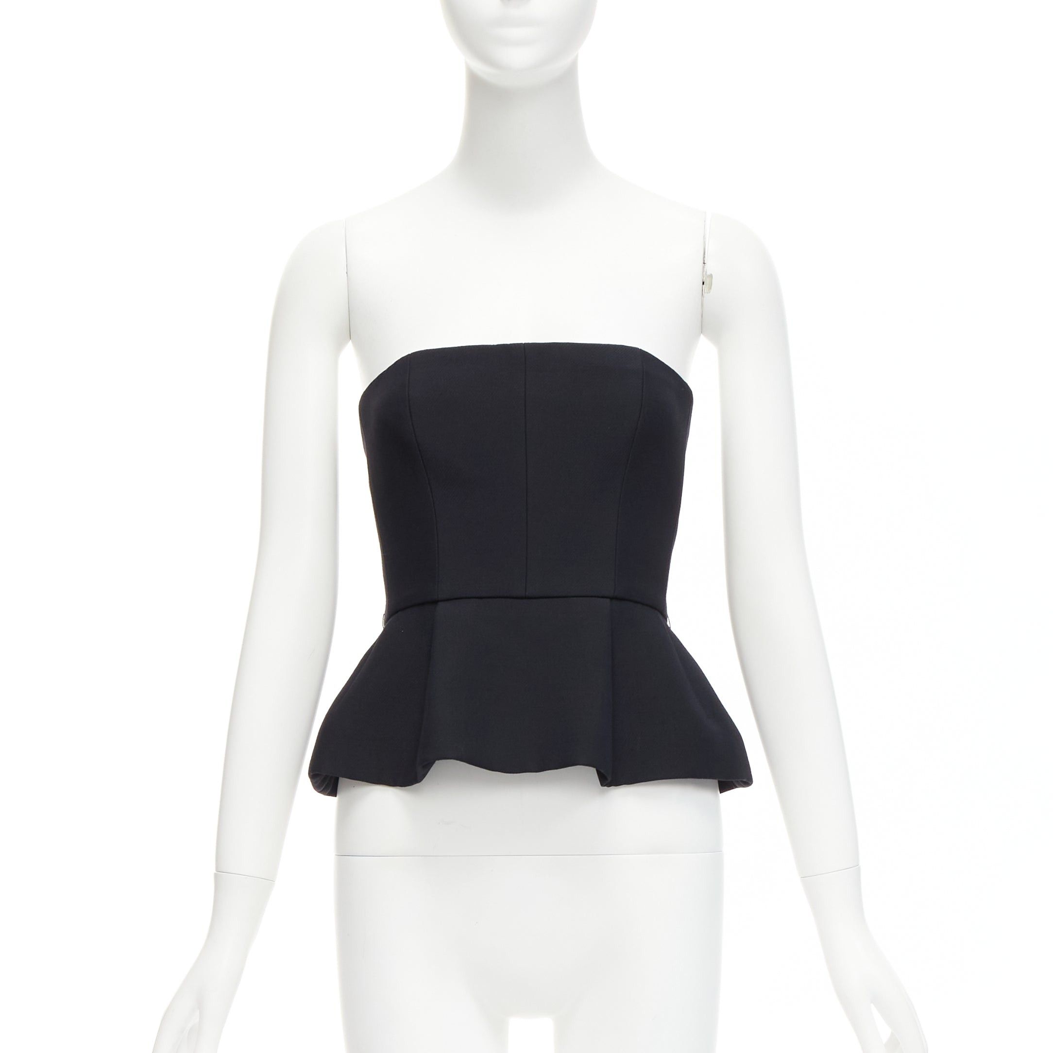 image of Christian Dior Black Wool Silk Minimal Boned Corset Peplum Bustier Top Fr34 Xs, Women's