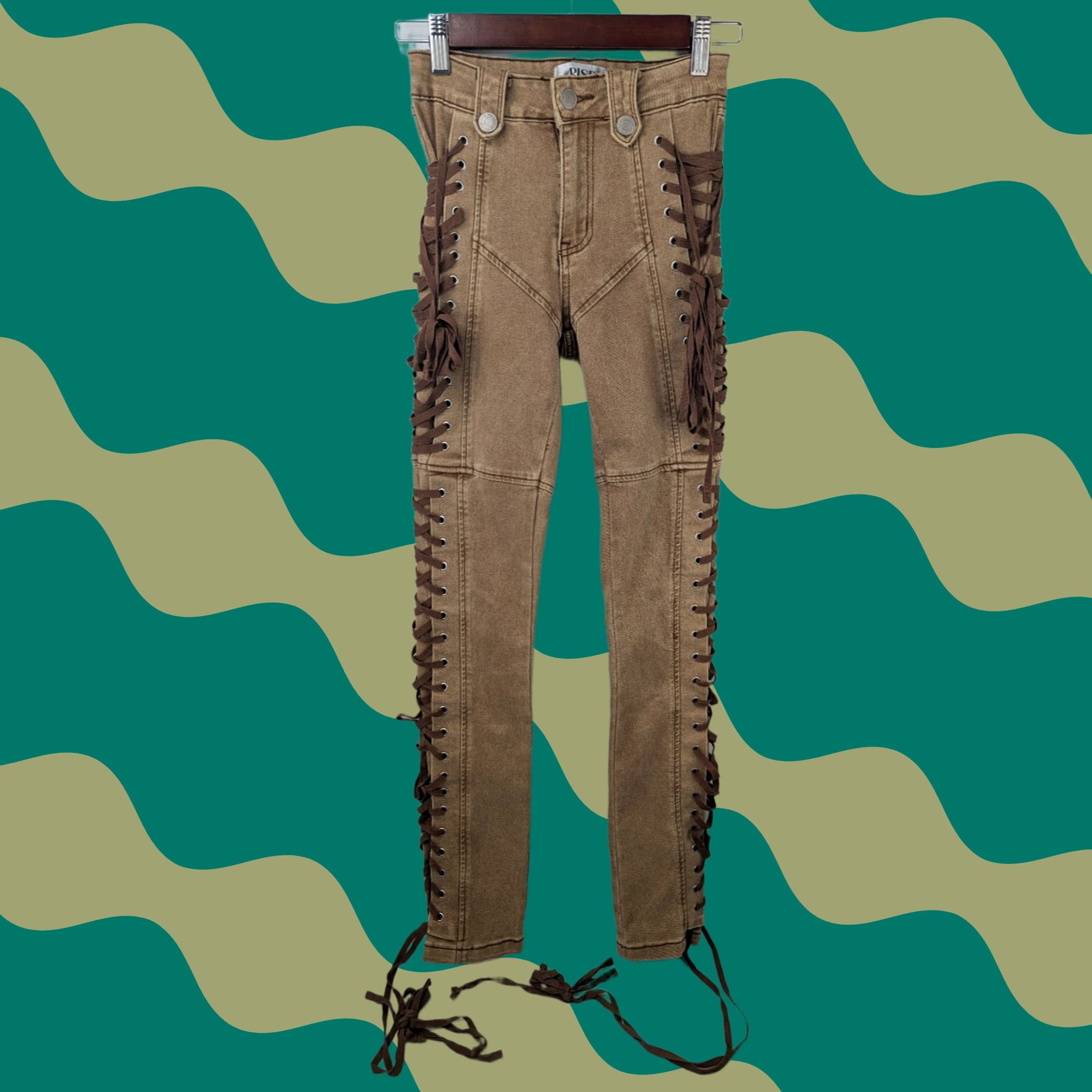 Vintage Rise Supply Co. Full Lace-up Expandable Sides Pants Y2K Western Hippie Khaki Tan 1 Denim Cotton Lyocell Polyester Teens Mens Womens Boys Girls Size 25" / US 0 / IT 36 - 1 Thumbnail