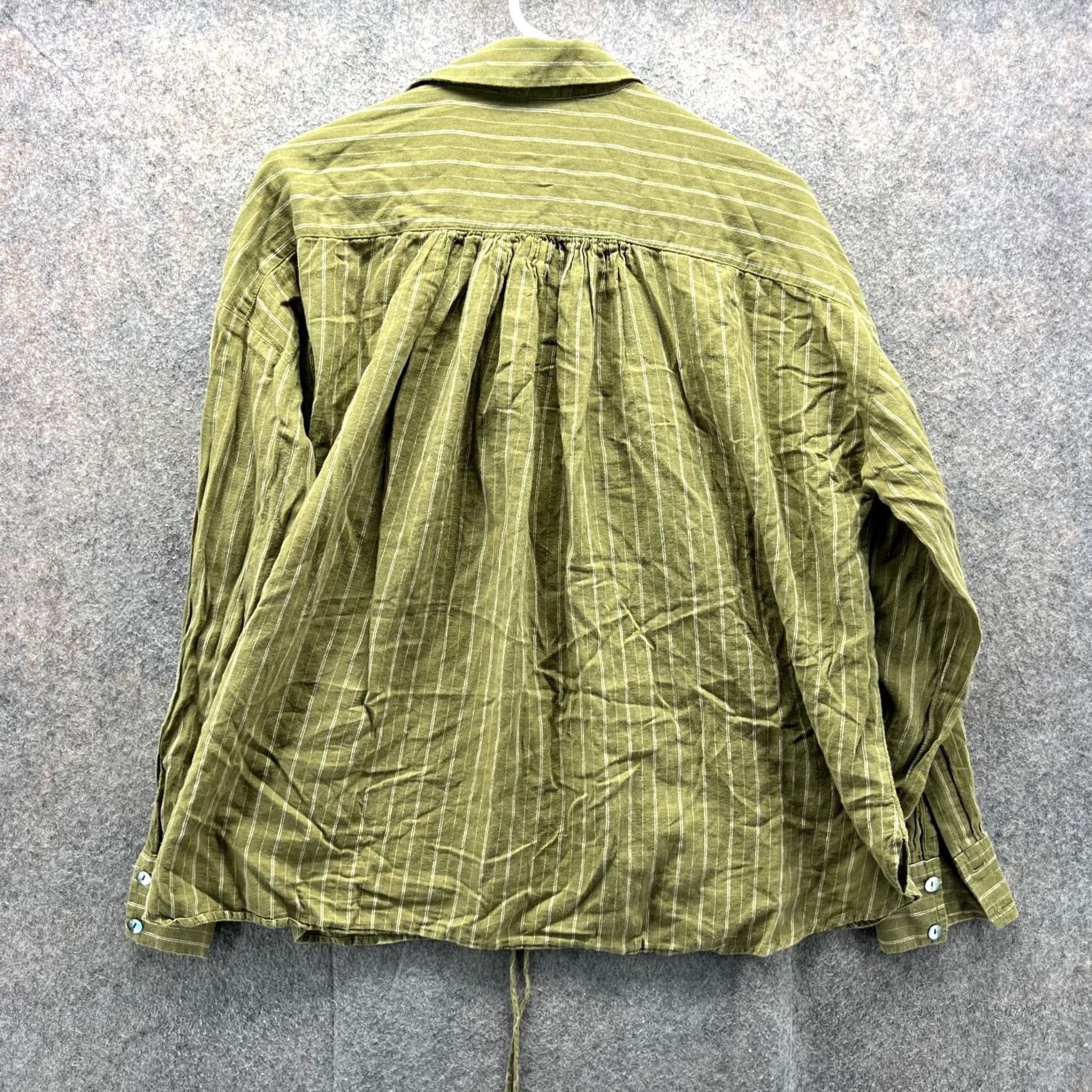 Free People VINTAGE Free People Shirt Women Small Green Striped Linen Blend Drawstring Top Soft Size S / US 4 / IT 40 - 2 Thumbnail