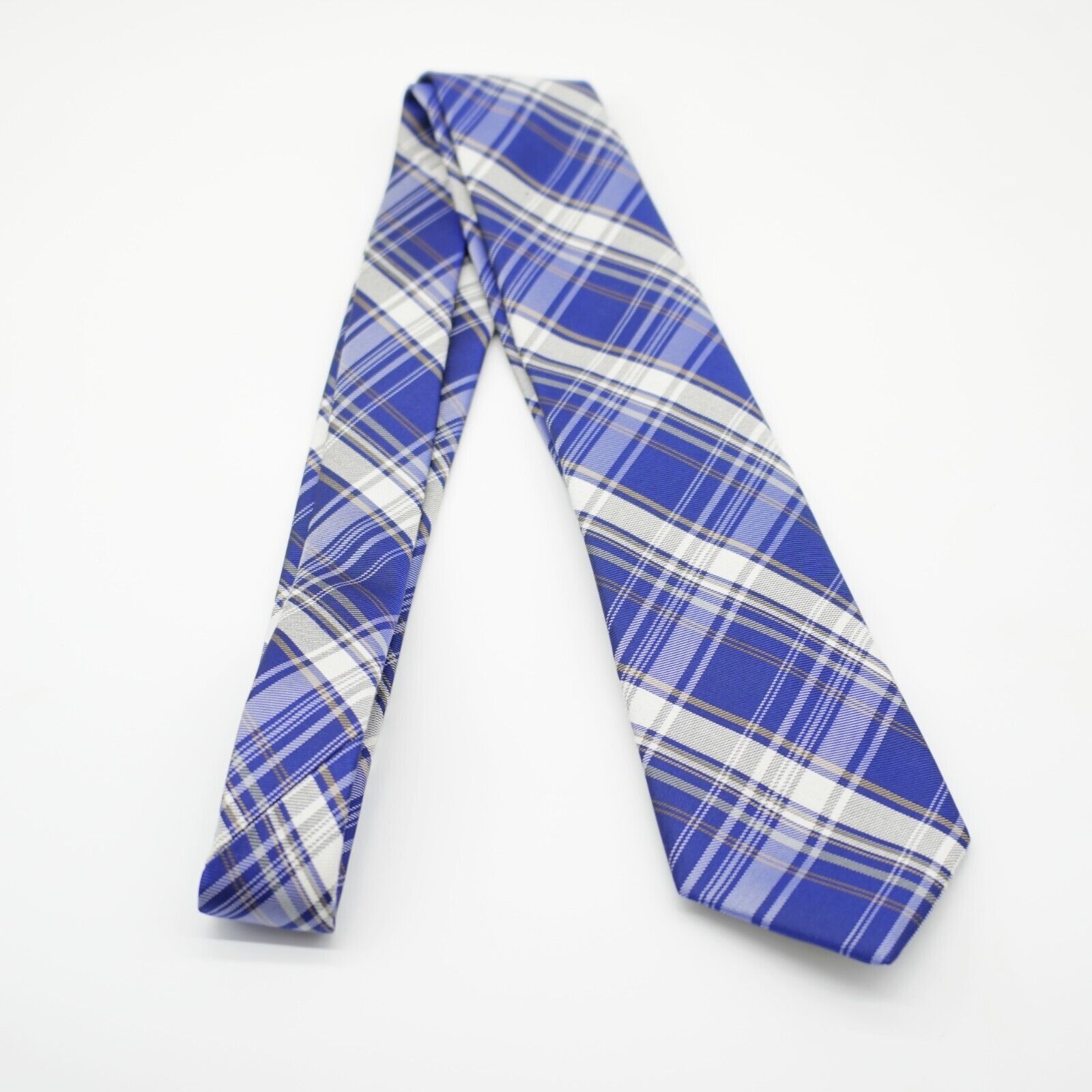 Calvin Klein Calvin Klein Blue White Plaid Woven Skinny Silk Tie Size ONE SIZE - 7 Thumbnail