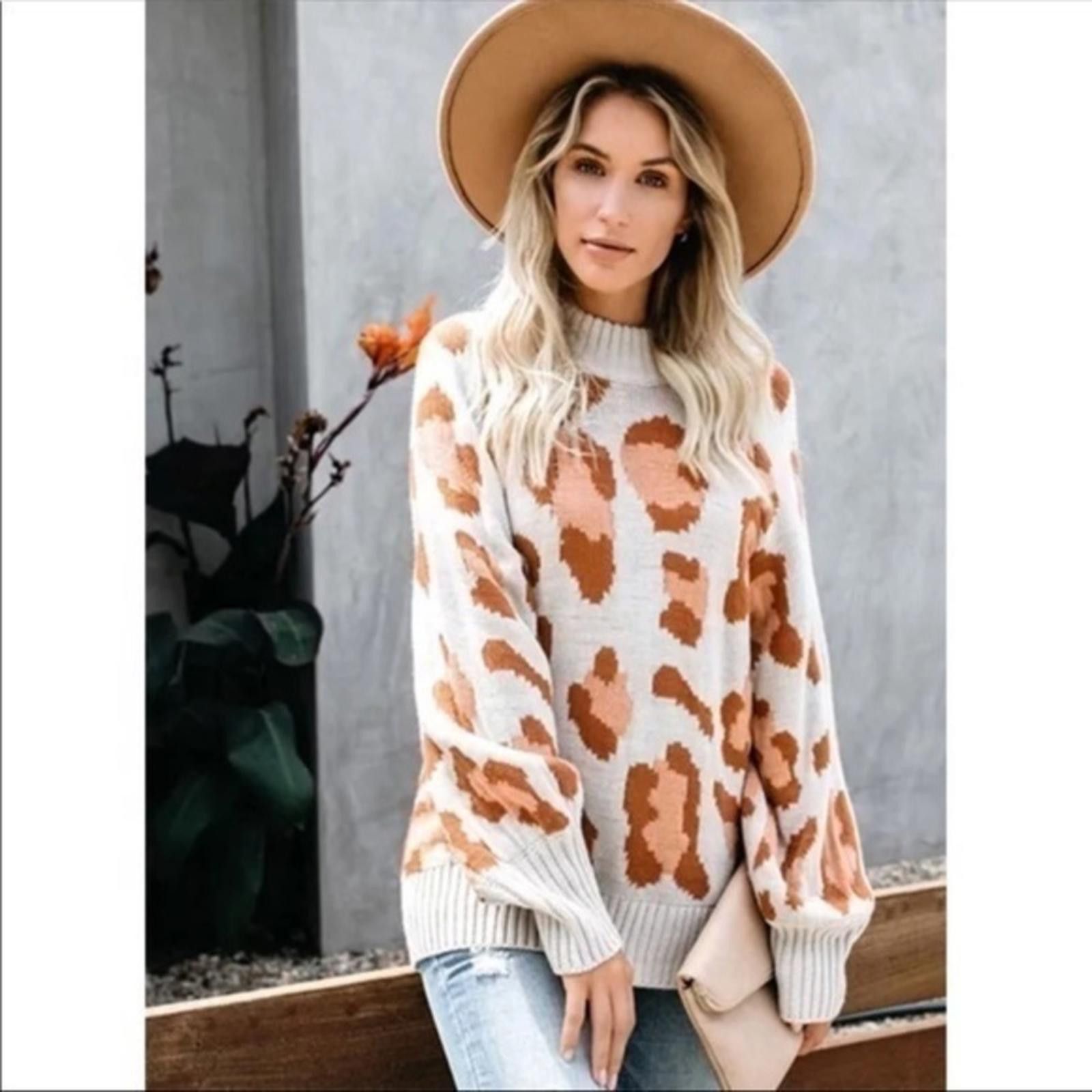 Designer × Other Leopard Print Sweater Lantern Sleeve Crew Neck NWT Size M / US 6-8 / IT 42-44 - 3 Thumbnail