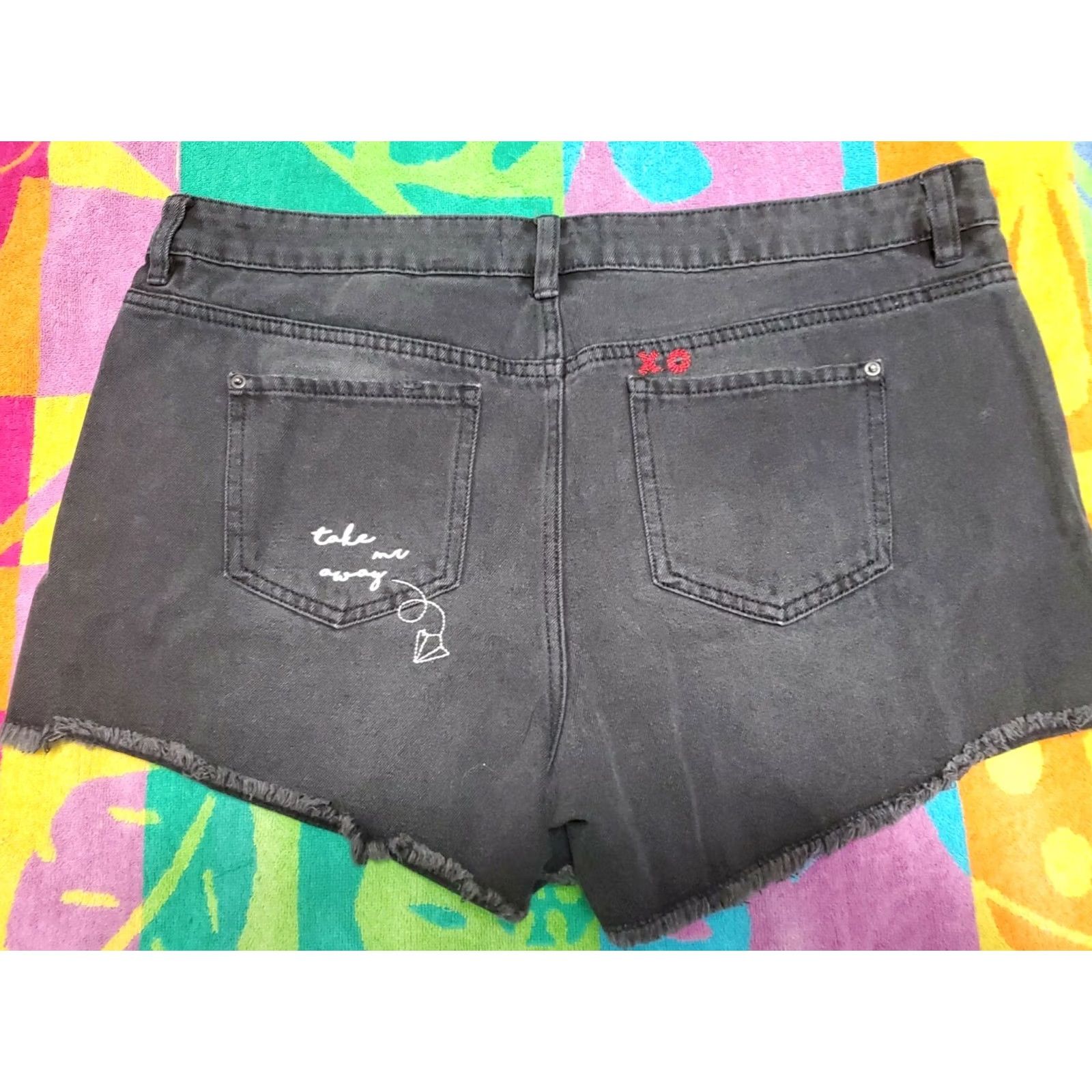 NEXT NEXT Women's Black Raw Hem Embroidered Jean Shorts SZ 14 UK 42 Short Denim Women Dark Black 3in Inseam Embroidered Frayed Jeans Size 36" / US 14 / IT 50 - 3 Thumbnail