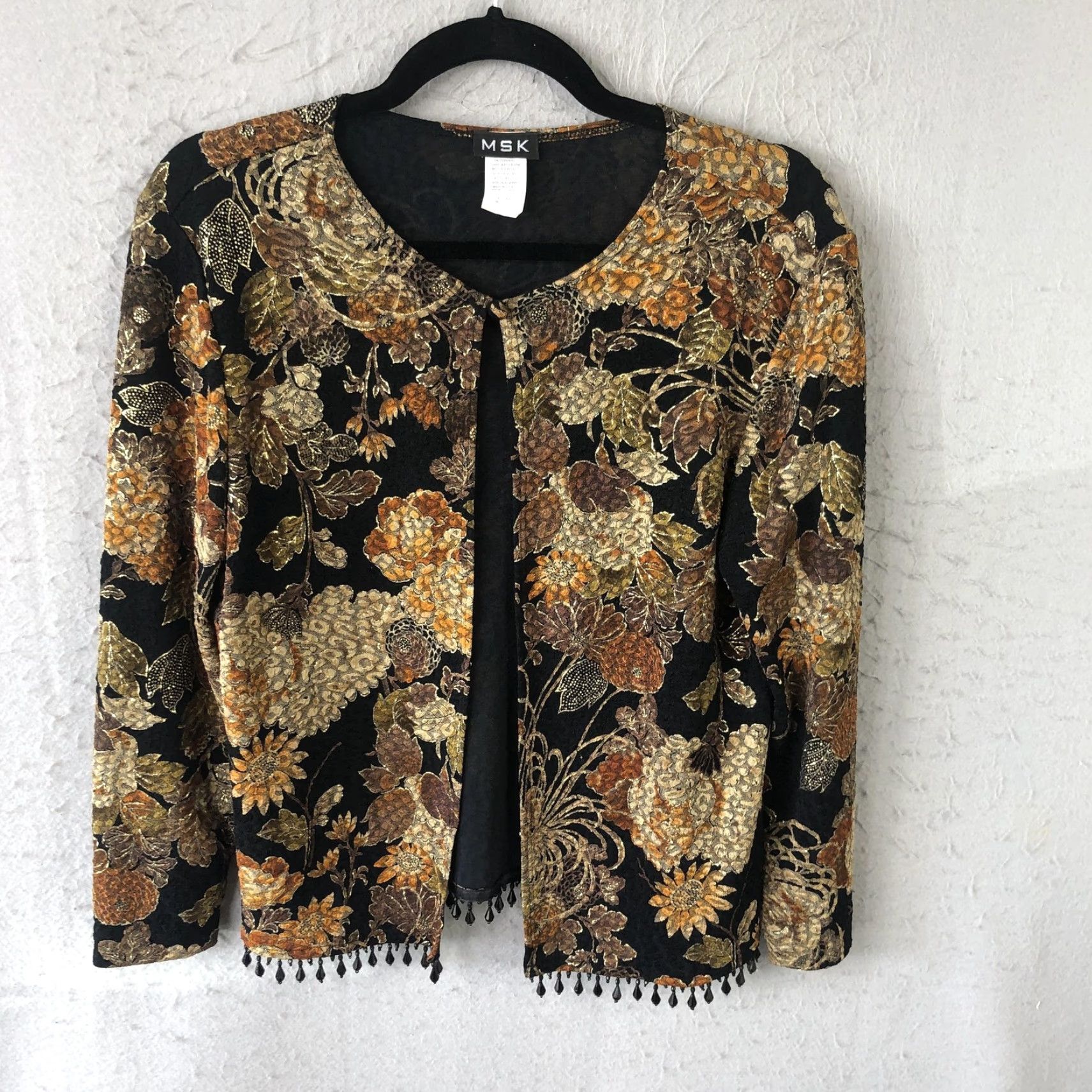 Vintage MSK Jacket Womens M Black Floral Brocade Beaded Fringe Evening Made in USA Size M / US 6-8 / IT 42-44 - 2 Thumbnail