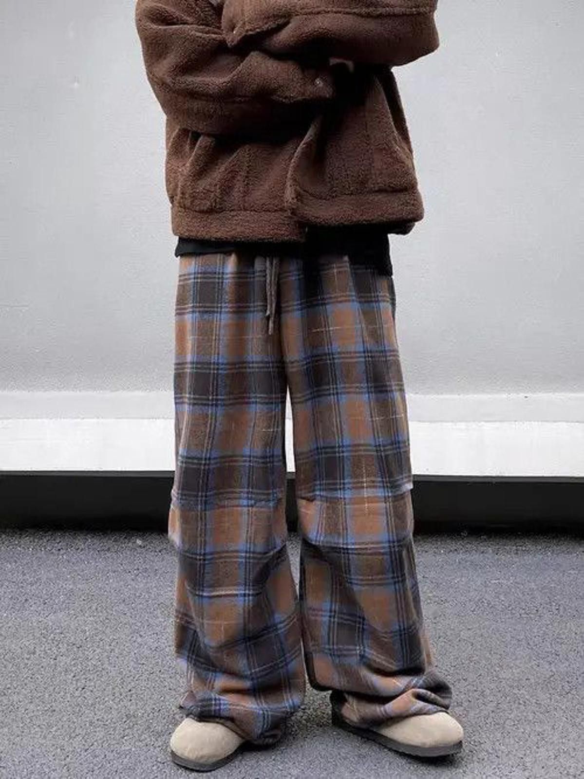 Vintage Brown Blue Plaid Baggy Casual Pants, Wide Leg Trousers Size US 30 / EU 46 - 8 Thumbnail