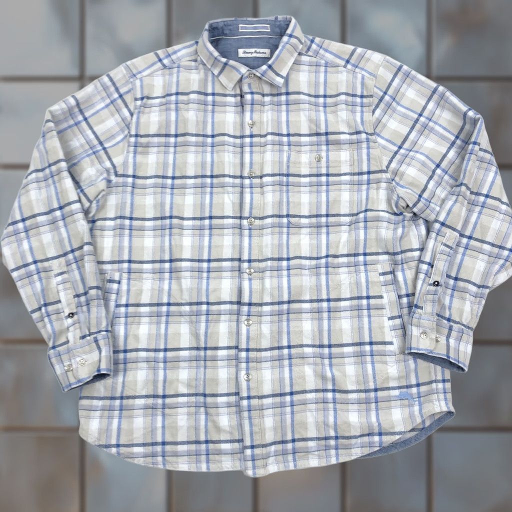 Tommy Bahama TOMMY BAHAMA Shirt Plaid Flannel XL Men Casual Button-Down Pockets Embroidered Logo Beige Blue White Cap Beige/Blue/White Size US XL / EU 56 / 4 - 1 Thumbnail
