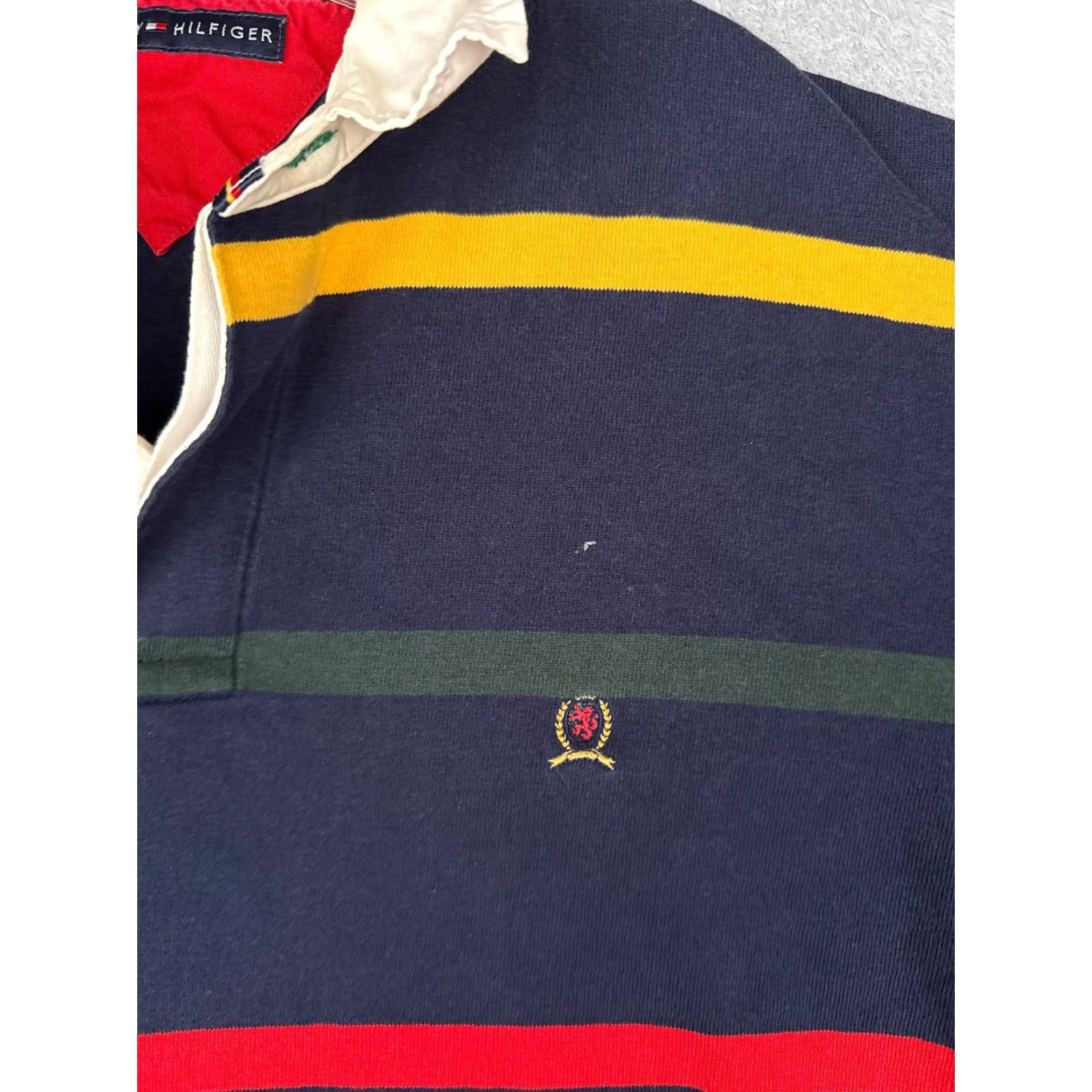 VINTAGE Tommy Hilfiger Polo Shirt Men Large Blue Stripe Long Sleeve Crest Shirt