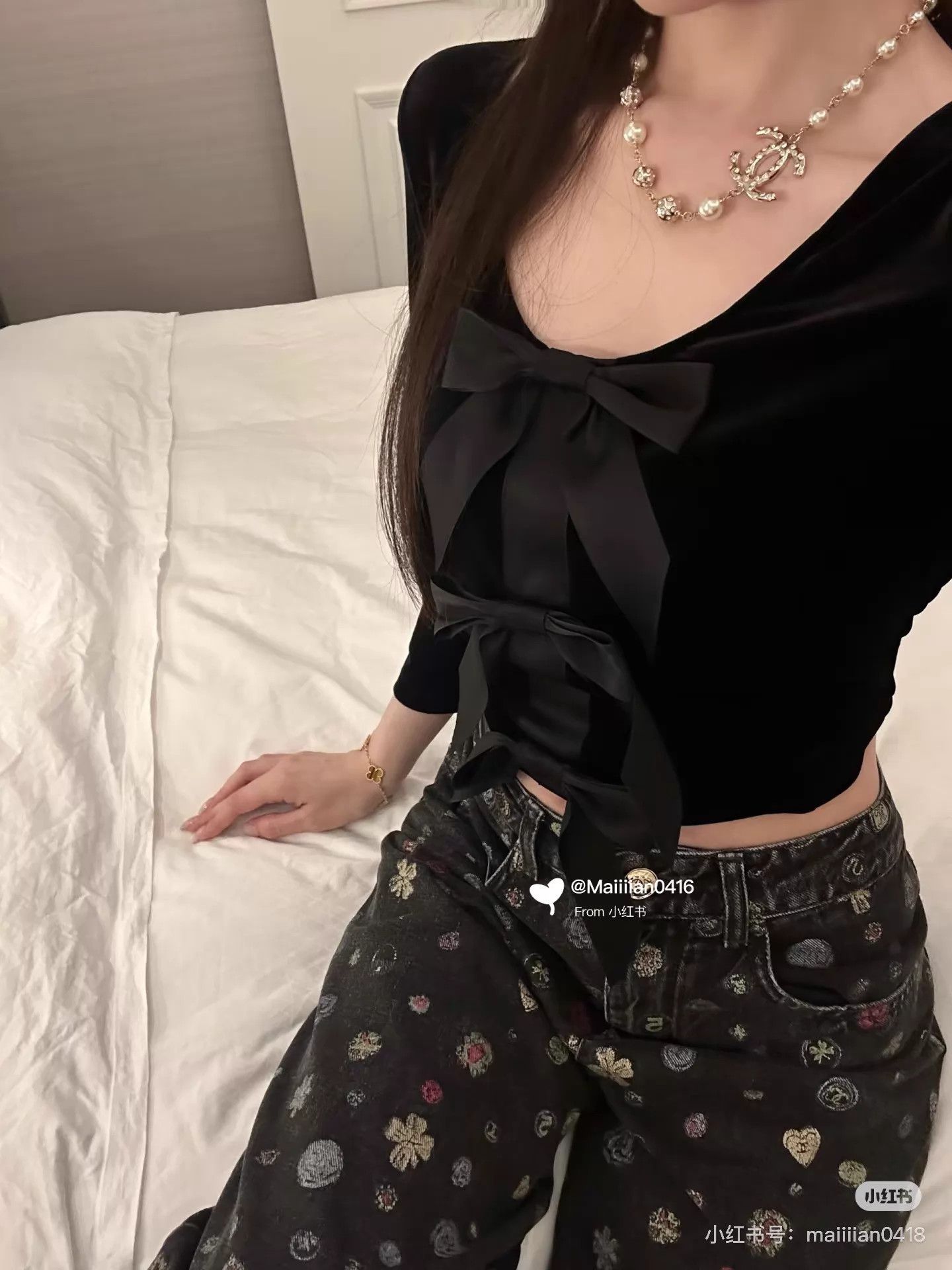Chanel Chanel 25K Women's Black Velvet Bow 3/4Sleeve Top 36 Size XS / US 0-2 / IT 36-38 - 5 Thumbnail