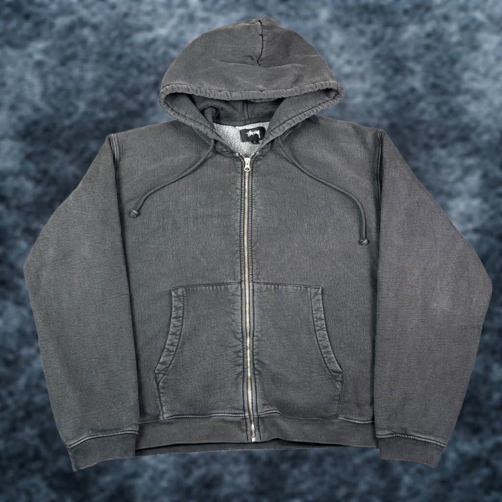 Vintage Stussy Faded Graphic Zip Hoodie Mens M Washed Black Boxy Drawstring Heavyweight Size US M / EU 48-50 / 2 - 1 Thumbnail