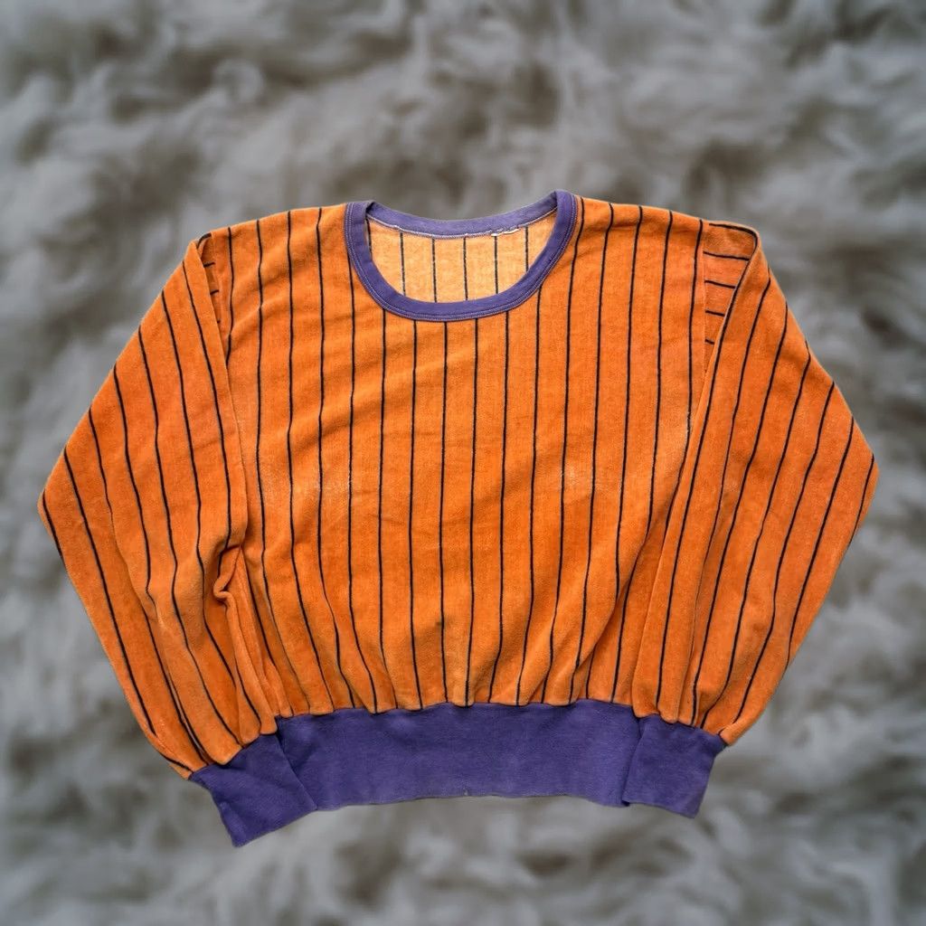 Velour VINTAGE Velour Striped Sweatshirt Mens M Orange Purple Crewneck Pullover 80s Camptown Size US M / EU 48-50 / 2 - 1 Thumbnail
