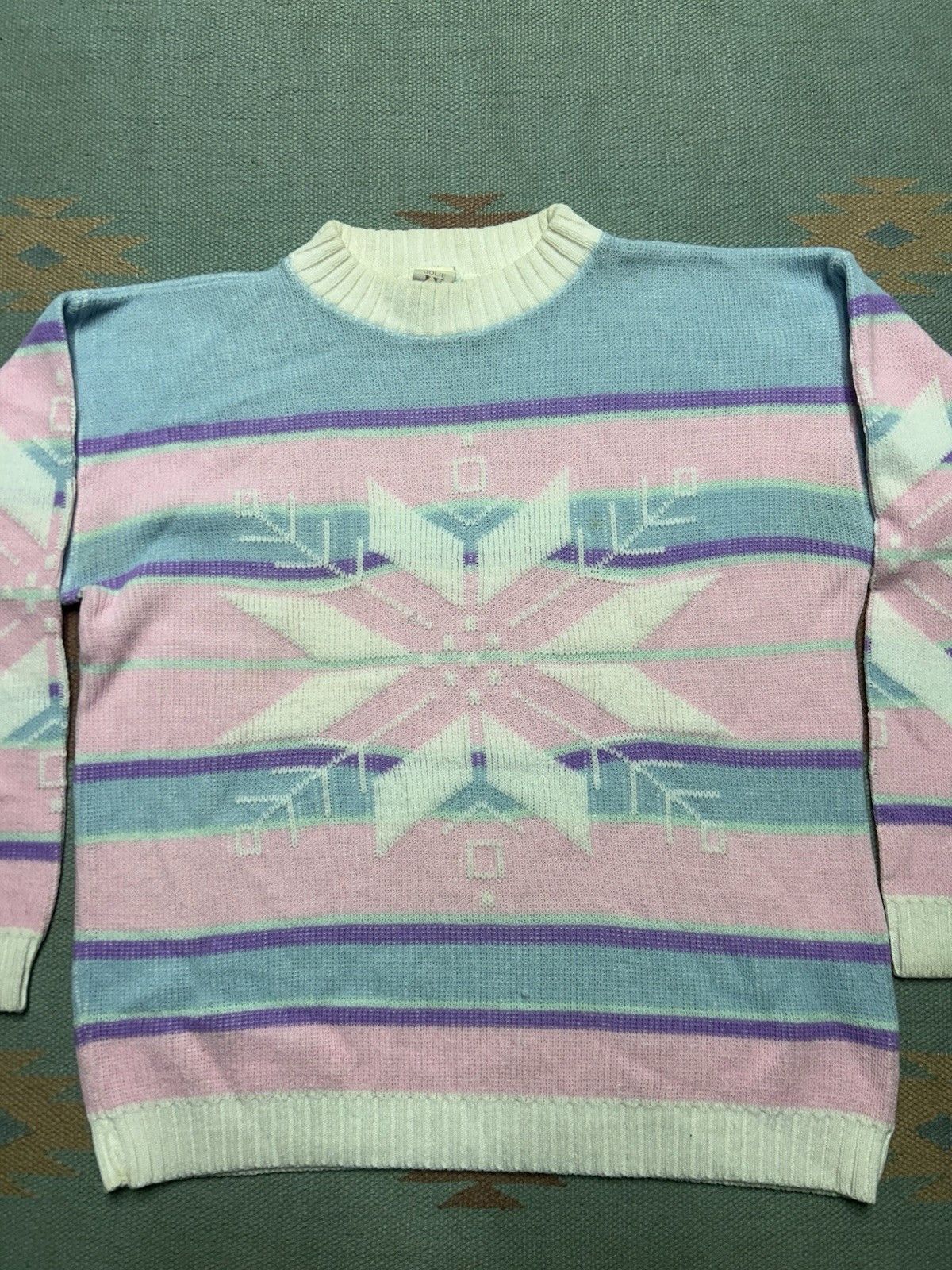 Vintage 80s acrylic knit sweater pastel snowflake rose fairy kei L Size L / US 10 / IT 46 - 2 Thumbnail