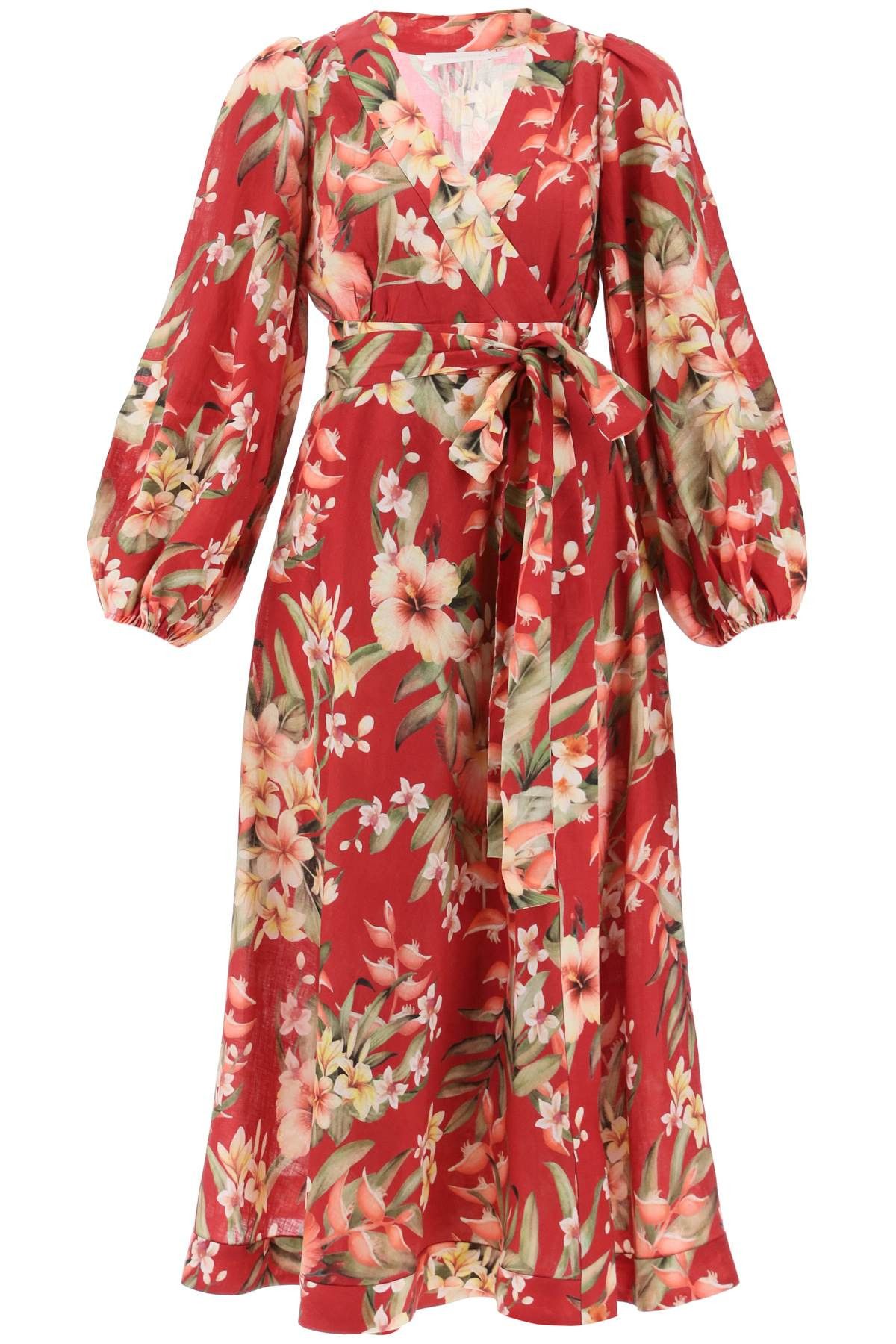 image of Zimmermann Lexi Wrap Dress With Floral Pattern in Red Palm, Women's (Size XS)