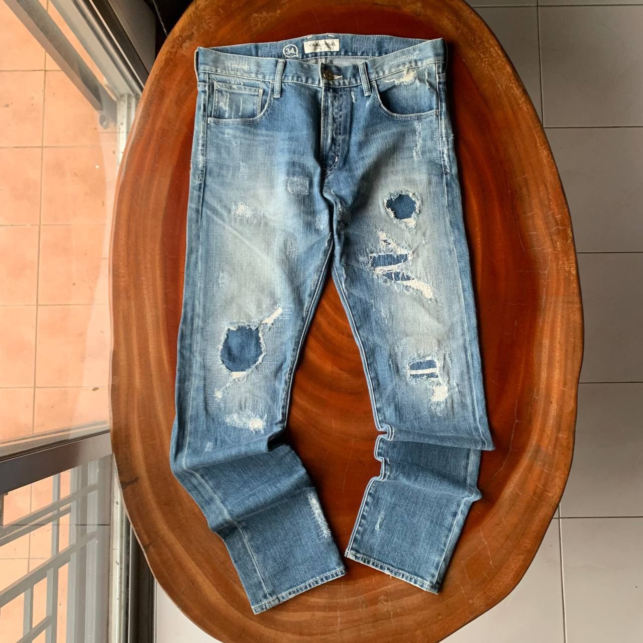 Vanquish Vanquish Distressed Patchwork Punkers Light Blue Denim Pants Size US 34 / EU 50 - 1 Thumbnail