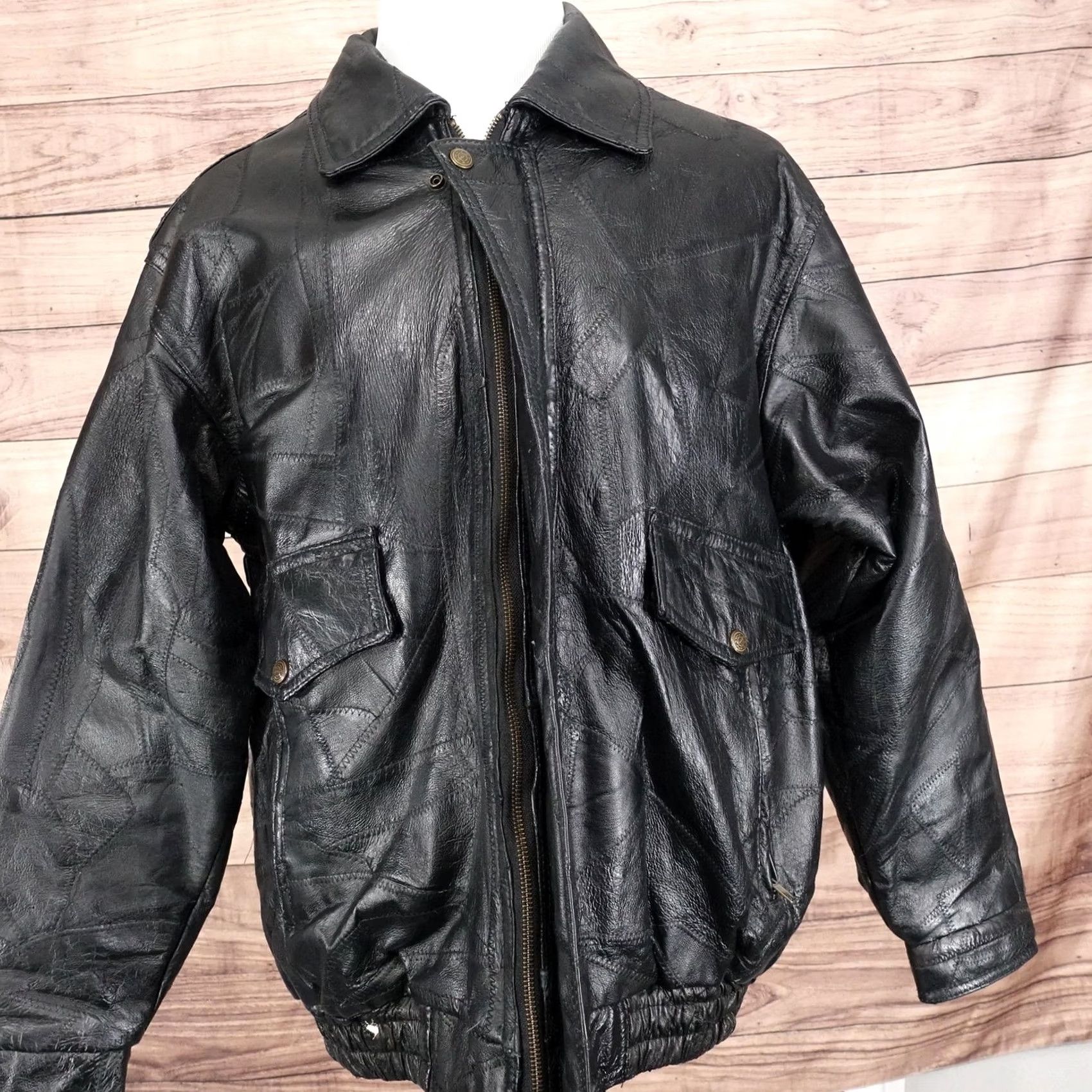 Vintage Firenze Leather Jacket Mens Large Black Patchwork Bomber Zip Front Jacket Size US L / EU 52-54 / 3 - 4 Thumbnail