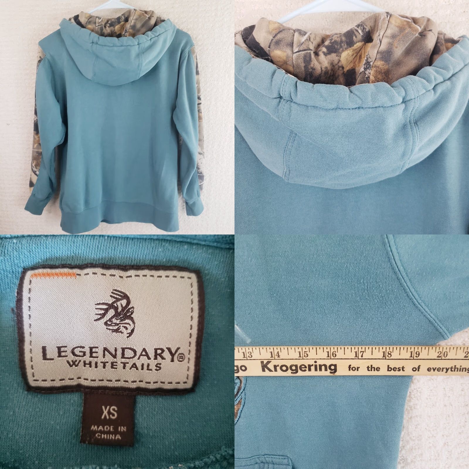 Vintage Legendary Whitetails Hoodie Men XS Teal Camo Buck Cutout Front Kangaroo Pockets Hooded Pullover Size US XS / EU 42 / 0 - 8 Thumbnail