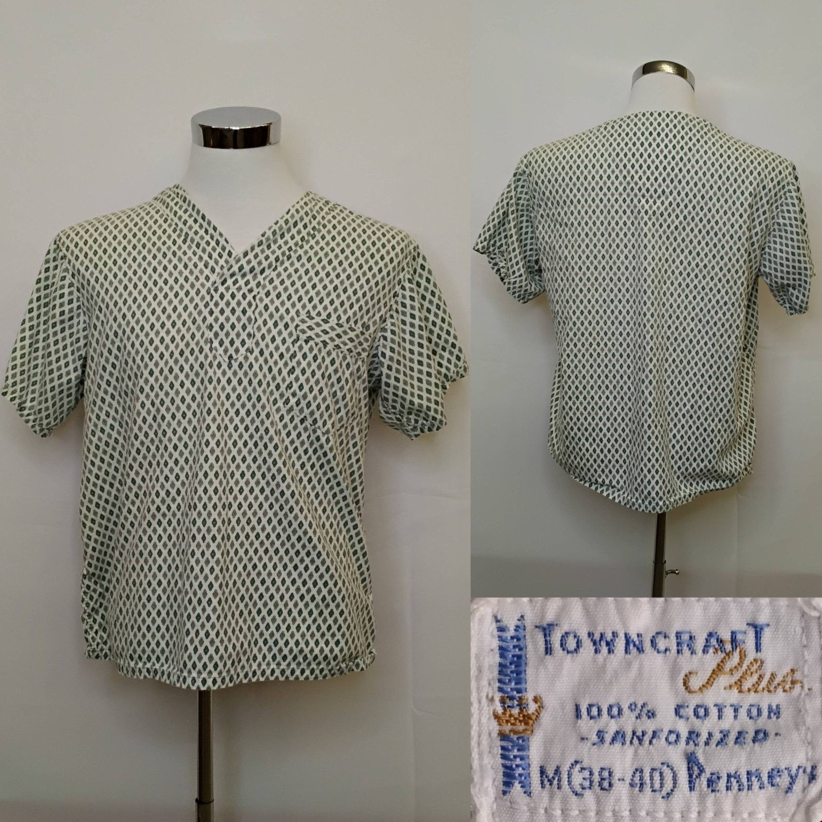 Towncraft Towncraft Penney Deep V Shirt Men's M White Green VTG '60s Size US M / EU 48-50 / 2 - 1 Thumbnail