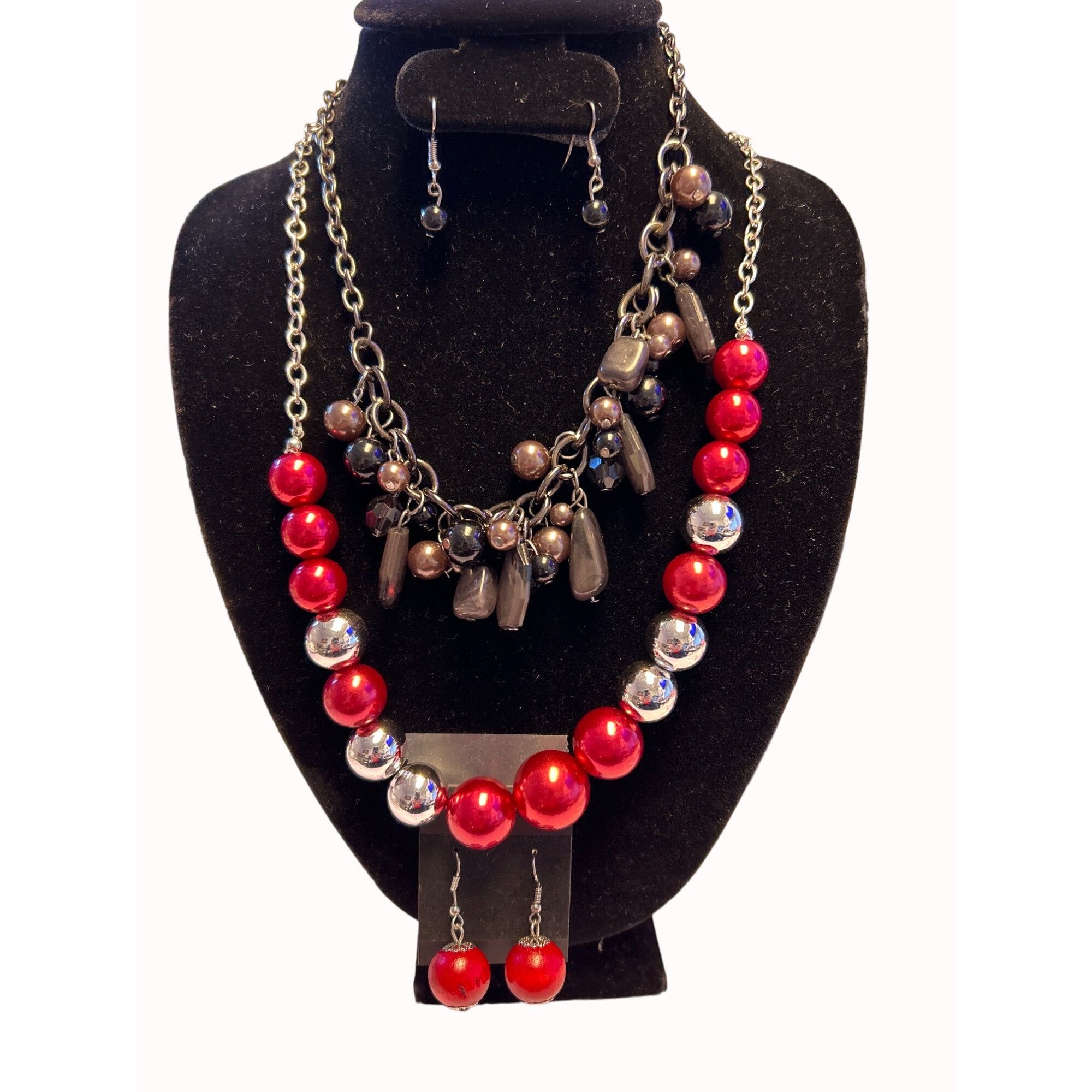 Other Paparazzi black Necklace w/matching Earrings & Red & Silve Size ONE SIZE - 1 Thumbnail