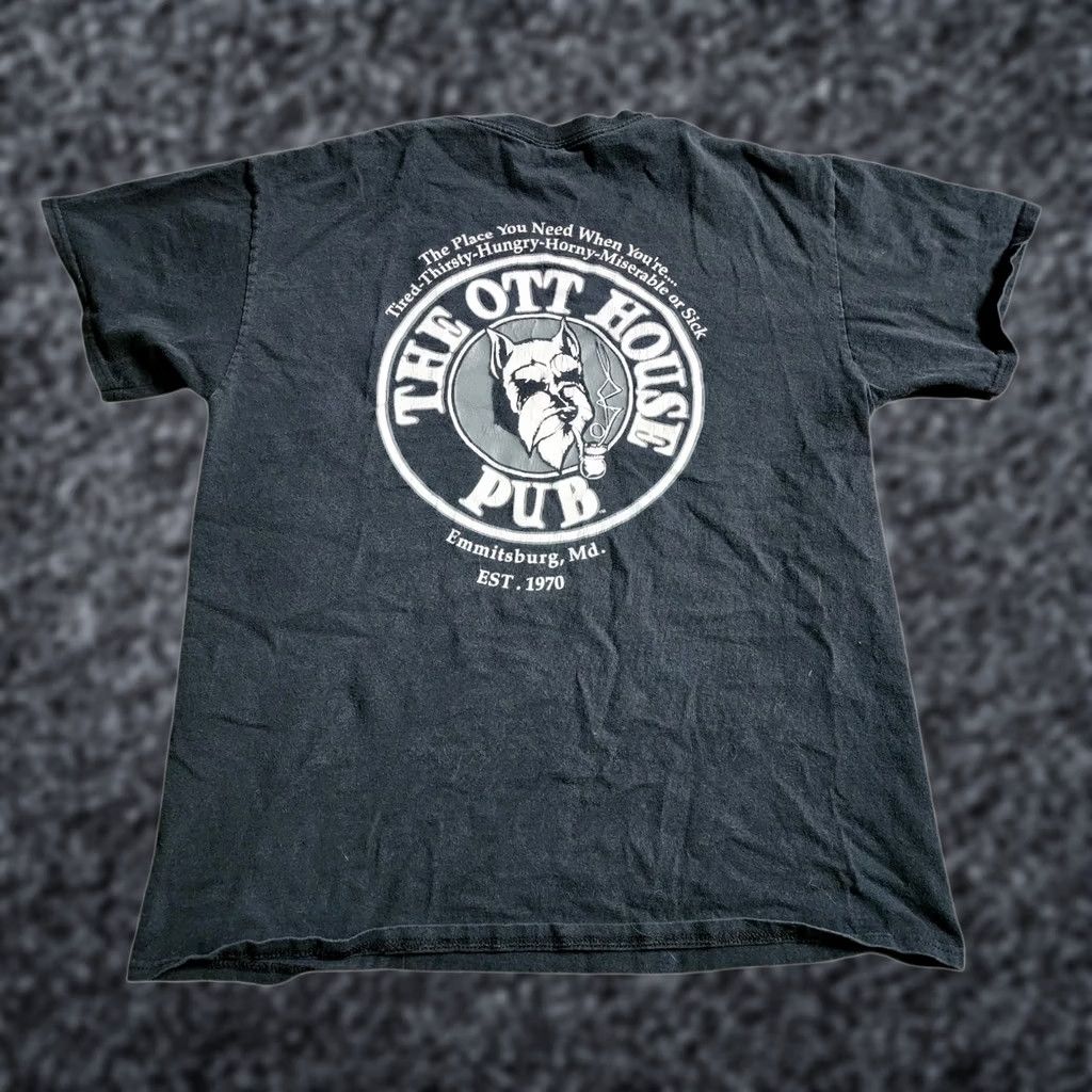 Gildan Mens L Gildan The Ott House Pub Emmitsburg MD Funny T Shirt Double Sided Distressed Black Cotton Crew Neck Short Sleeve USA 2000s Size US L / EU 52-54 / 3 - 1 Thumbnail