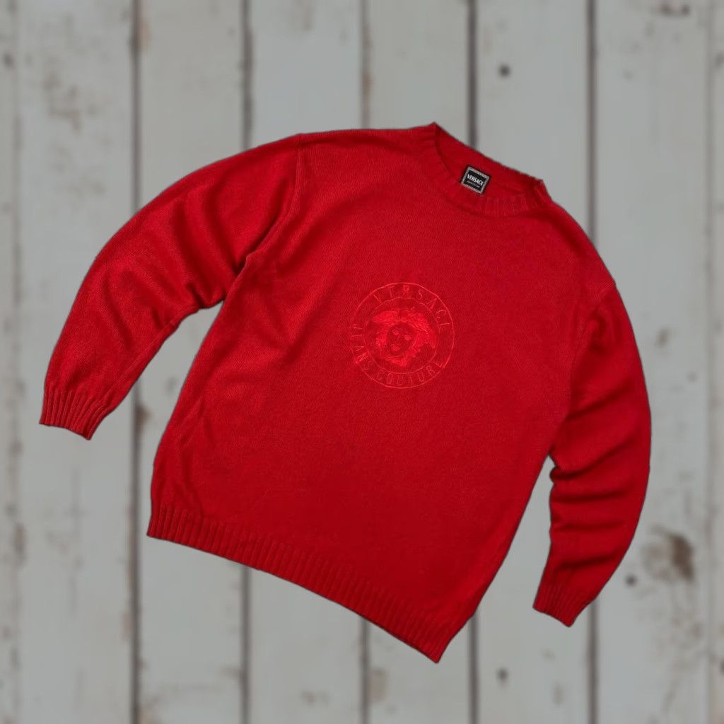 Versace VINTAGE Versace Jeans Couture Medusa Knit Sweater Men XL Red 90s Logo Pullover Knit Wool Sweater Mens Size US XL / EU 56 / 4 - 1 Thumbnail