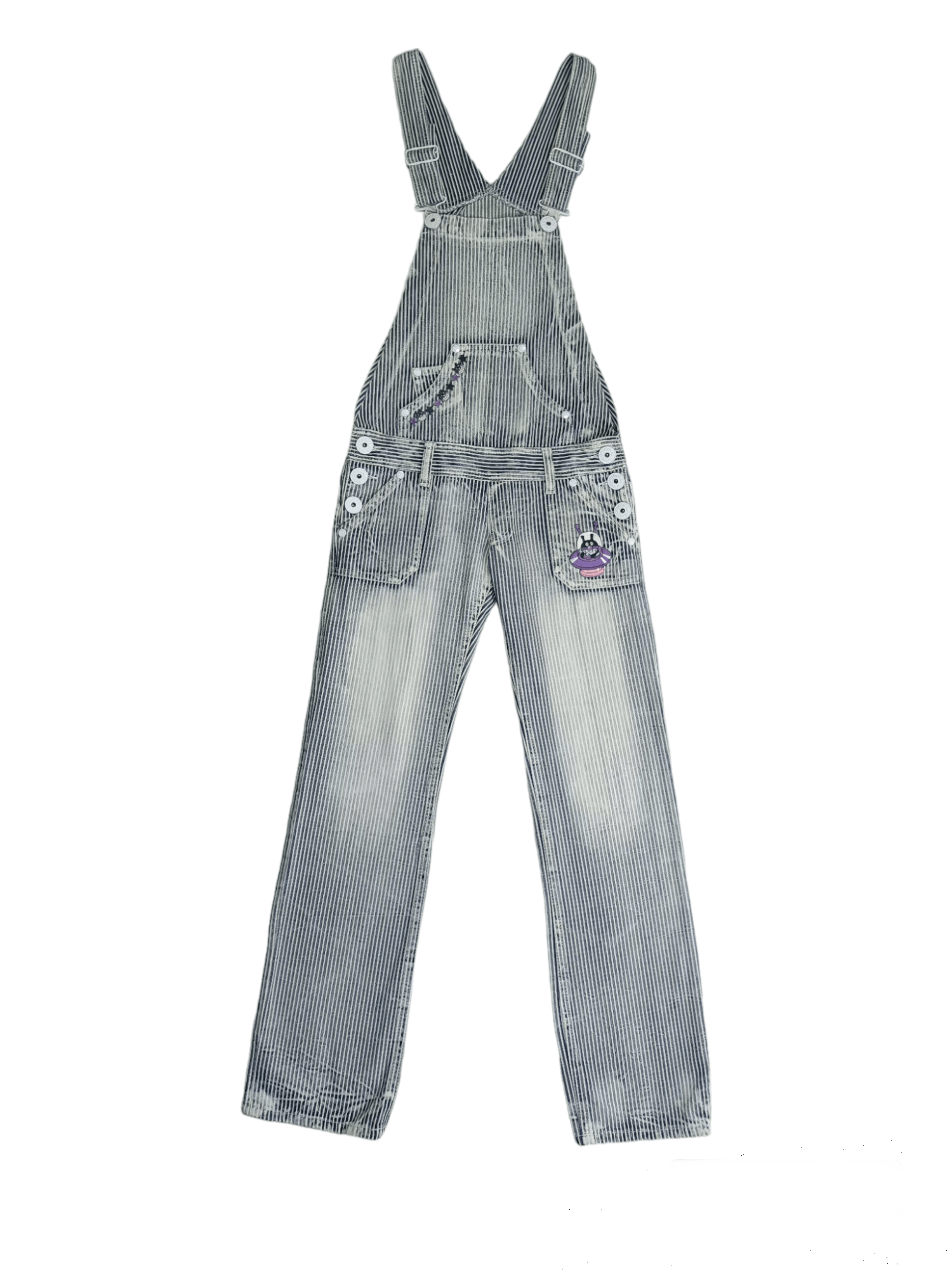 image of Distressed Denim Vintage Hickory Stripe Overall Cartoon Character Baikinman, Women's (Size 26)