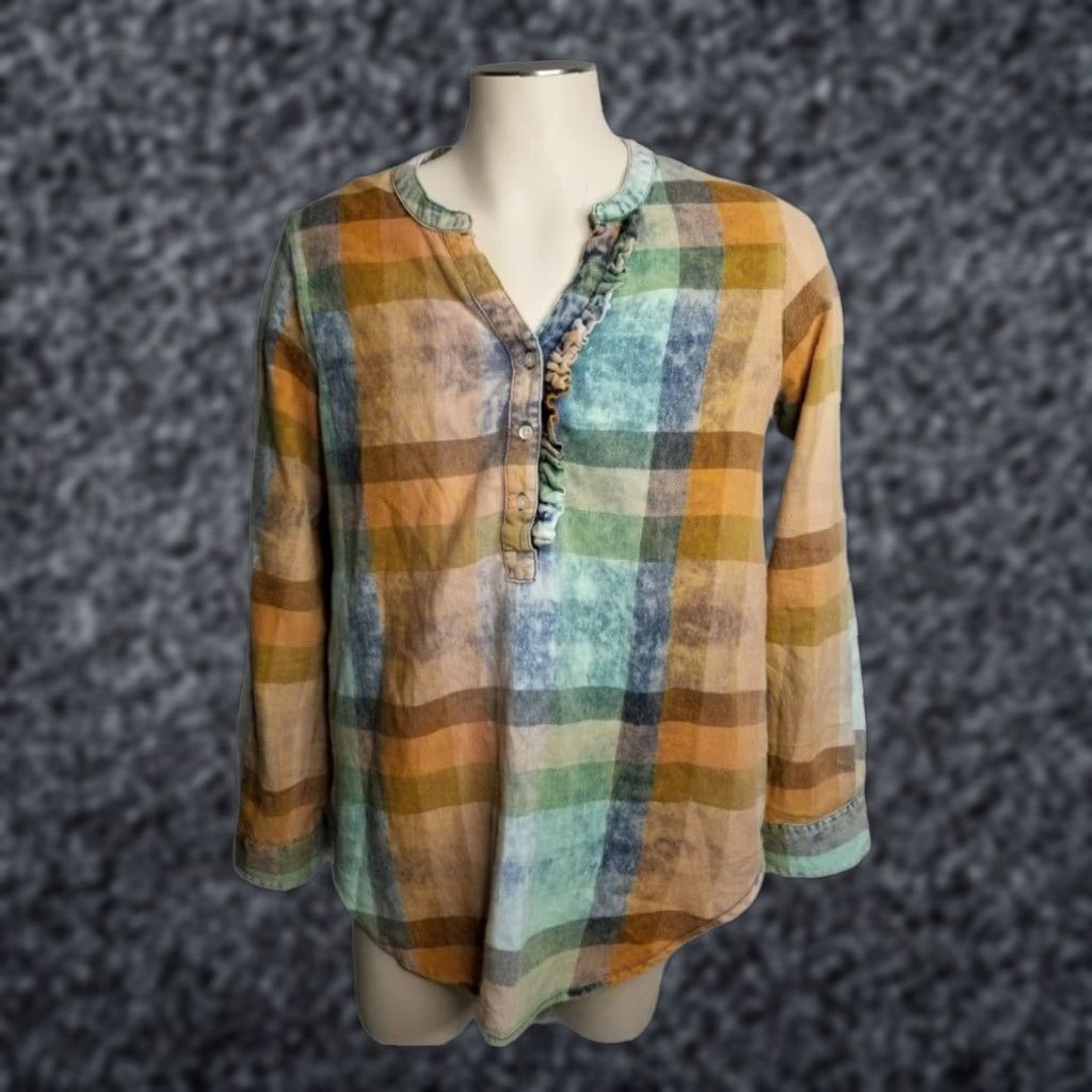 Denime ISABELLE SINCLAIR Women's Plaid Denim Shirt M Long Sleeve V-Neck Bleached Ruffle Boho Size M / US 6-8 / IT 42-44 - 1 Thumbnail