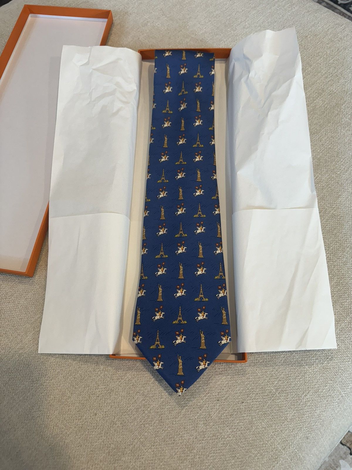 image of Hermes Limited Special Edition Eiffel Meets Liberty Tie in Blue, Men's