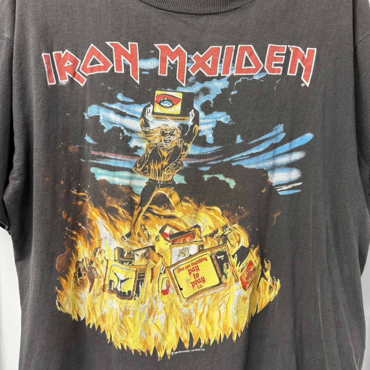 Band Tees × Iron Maiden × Vintage Vintage 90s Iron Maiden Sun Faded Black All Over Print Tee Size US XL / EU 56 / 4 - 4 Thumbnail