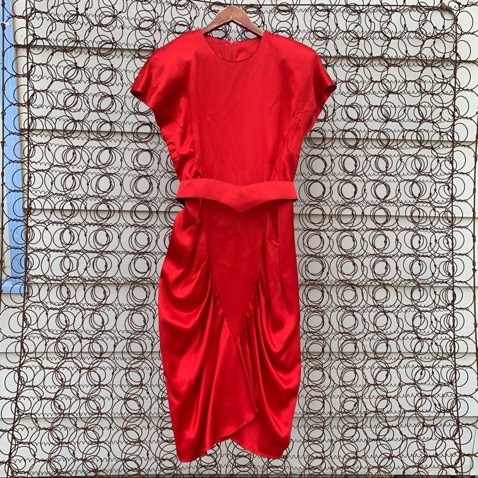 80s Red All That Jazz wiggle dress belted ruched hips Size 7