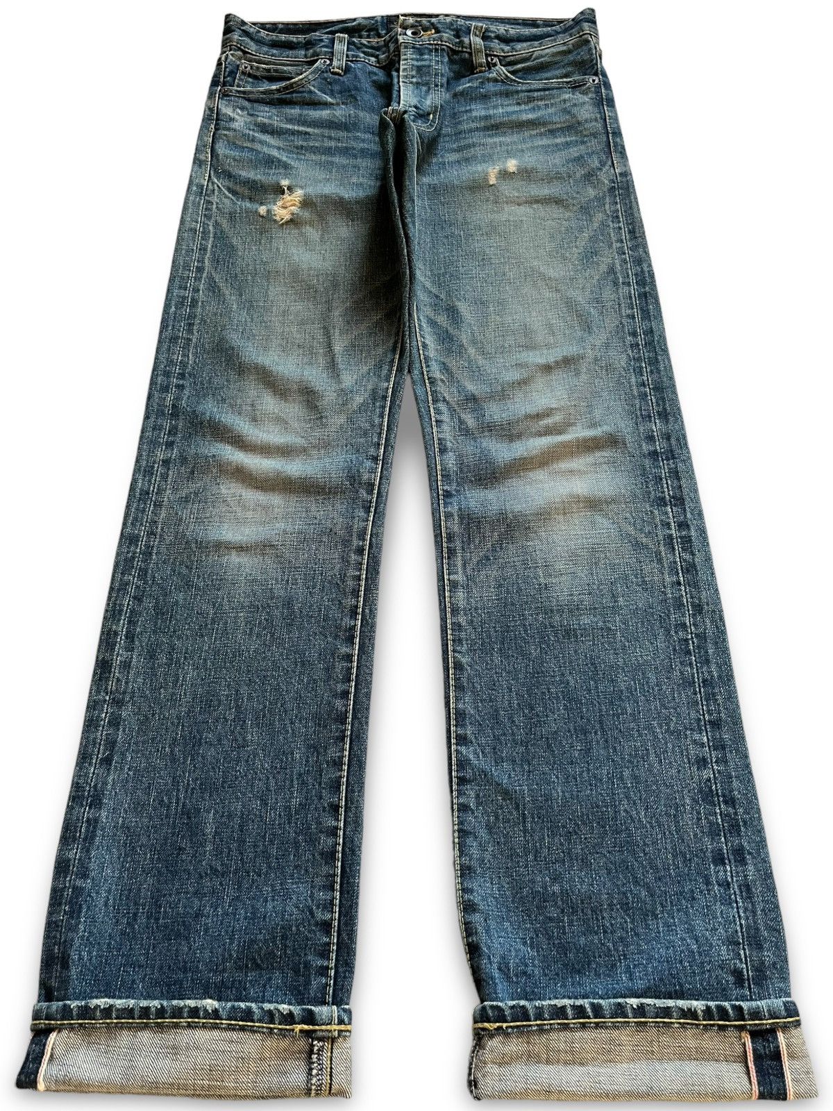 image of 1990X Clothing x Arc Vintage Japanese Arc Selvedge Mud Wash Distressed Jeans in Blue (Size 31)