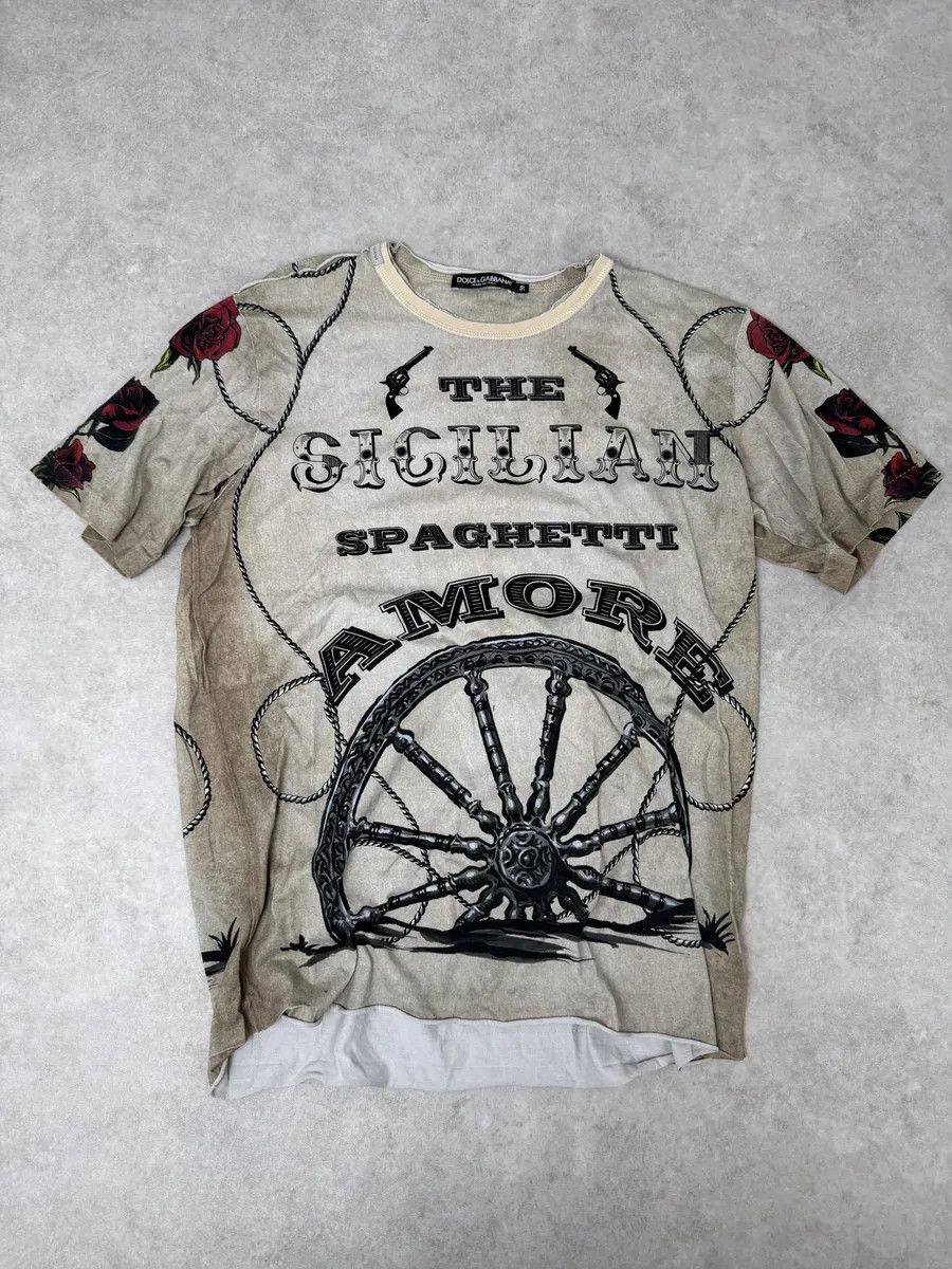 2010s Dolce & Gabbana Faded Grey Gun Rose T-Shirt