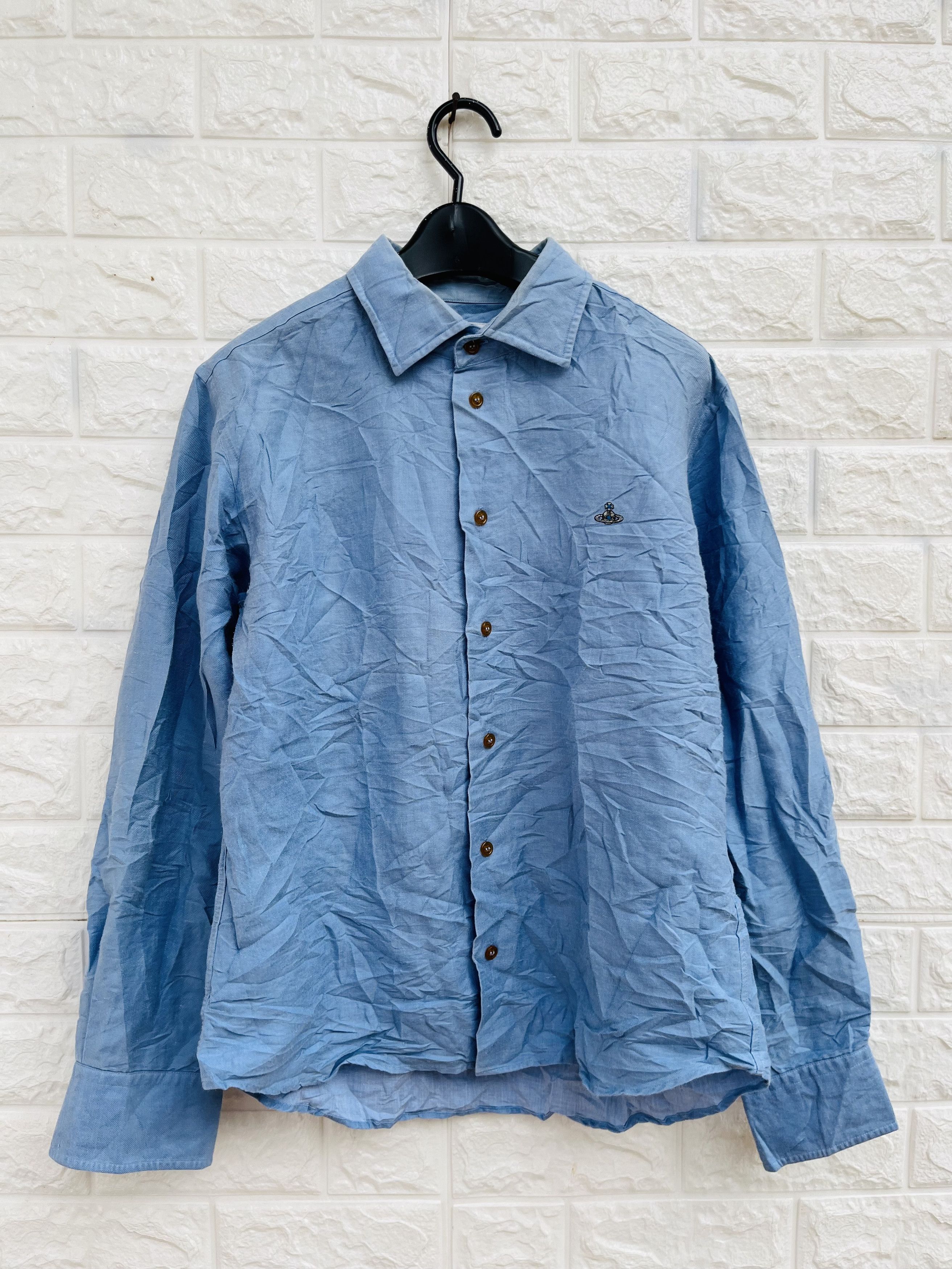 image of Vintage Vivien Westwood Designer Fashion Style Shirt in Sky Blue, Men's (Size Medium)
