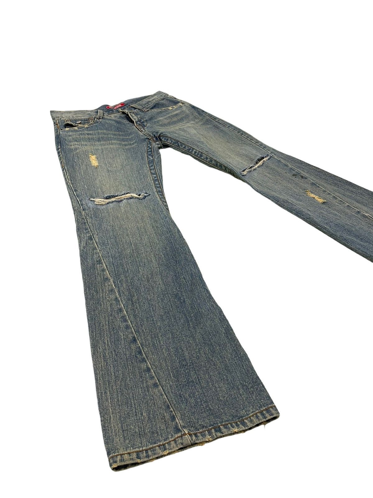 Japanese Brand Flare Jeans Rubber Soul Distress Boot Cut 8🟦0 Size US 33 - 1 Thumbnail
