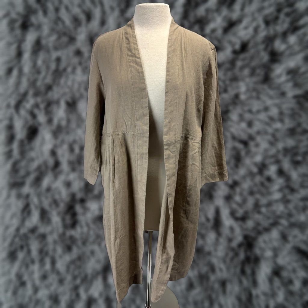 J. Jill J. Jill Pure Elements Linen Duster Jacket Women's Petite Large Khaki Lagenlook Open Front Size L / US 10 / IT 46 - 1 Thumbnail