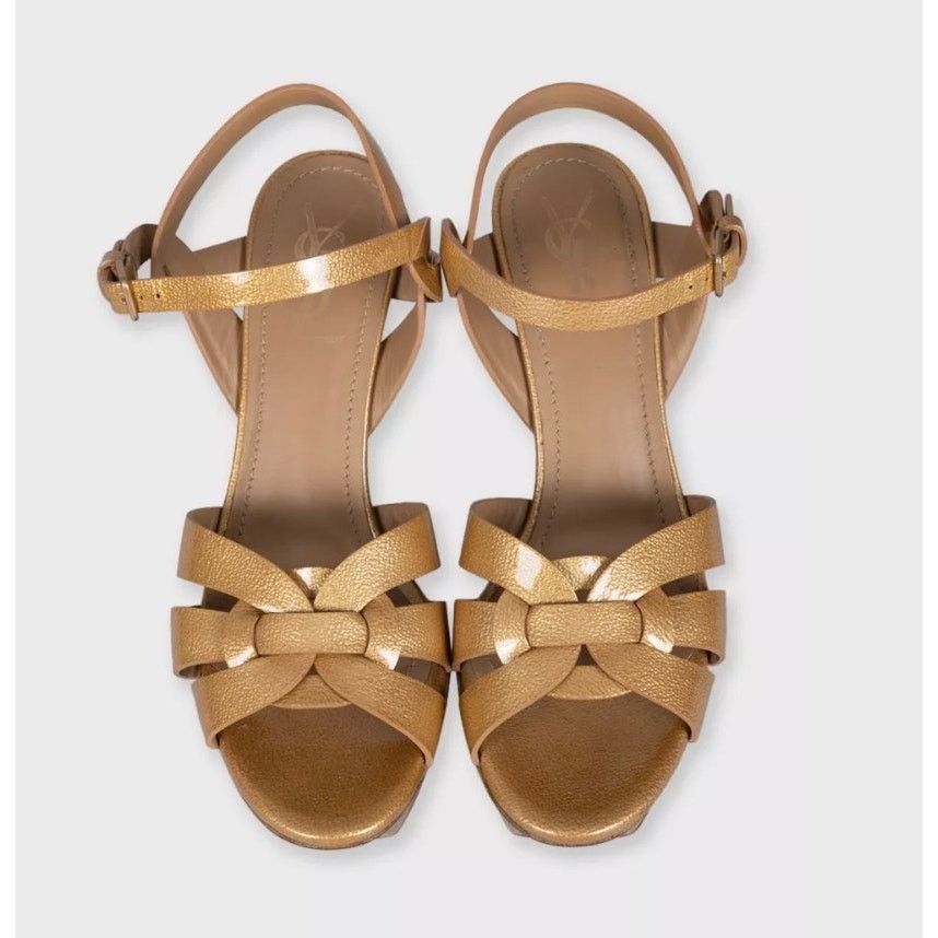 Saint Laurent Paris Saint Laurent Tribute Gold Leather Sandals - Sz. 38.5 Size US 7.5 / IT 37.5 - 2 Thumbnail