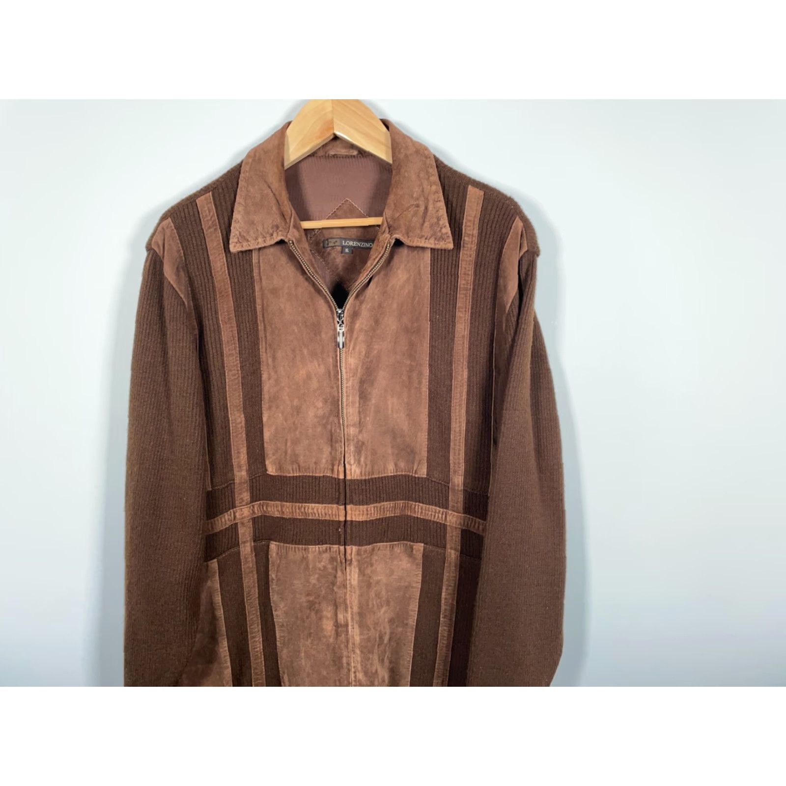 Vintage VINTAGE Lorenzino Leather Wool Knit Zip-Up Bomber Jacket Men XL Brown Unlined Full Zip Short Size US XL / EU 56 / 4 - 4 Thumbnail