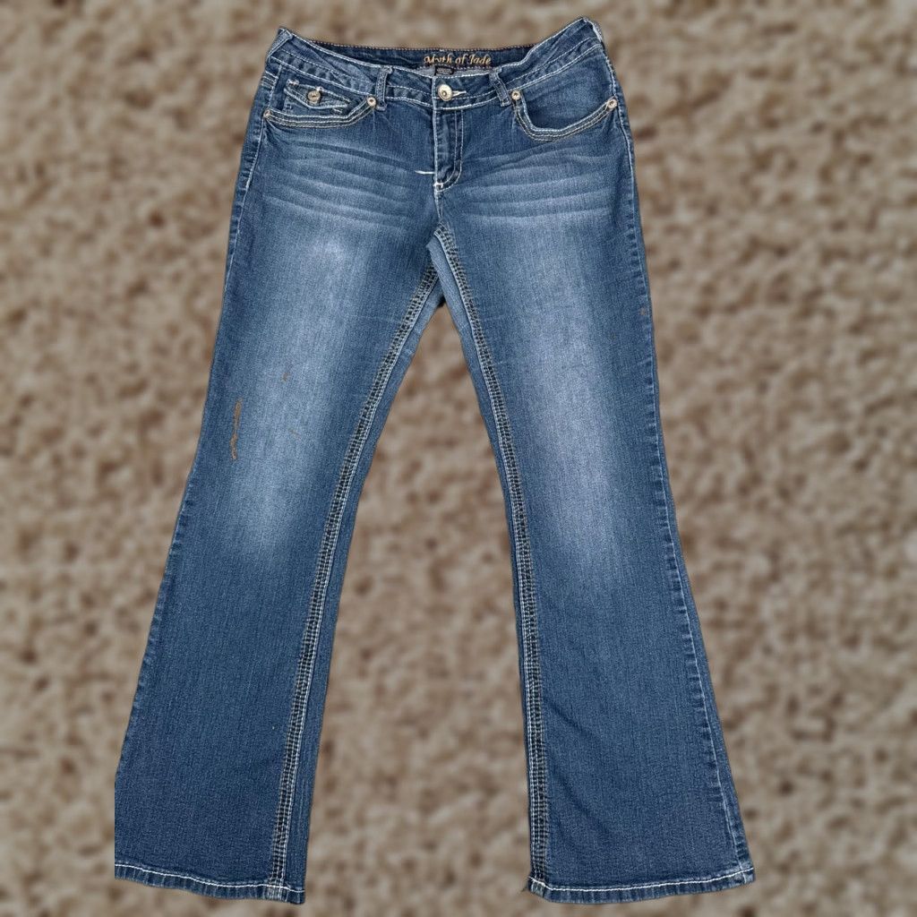 Vintage Myth Of Jade Jeans Women 12 Blue Denim Bootcut Low Rise Cotton Blend 32x31 Maurices Jeans Womens Pants 5-Pocket Design Zipper Distressed Medium Wash Size 34" / US 12 / IT 48 - 1 Thumbnail