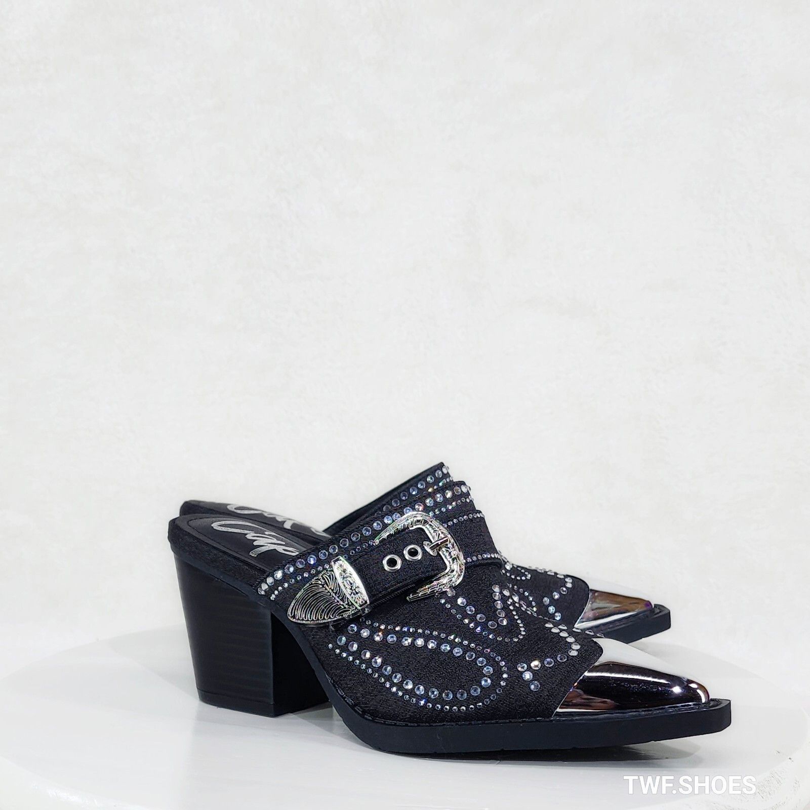 Other Vive Western Slip On Mules Black Denim Rhinestones Metal Toe Size US 6 / IT 36 - 3 Thumbnail