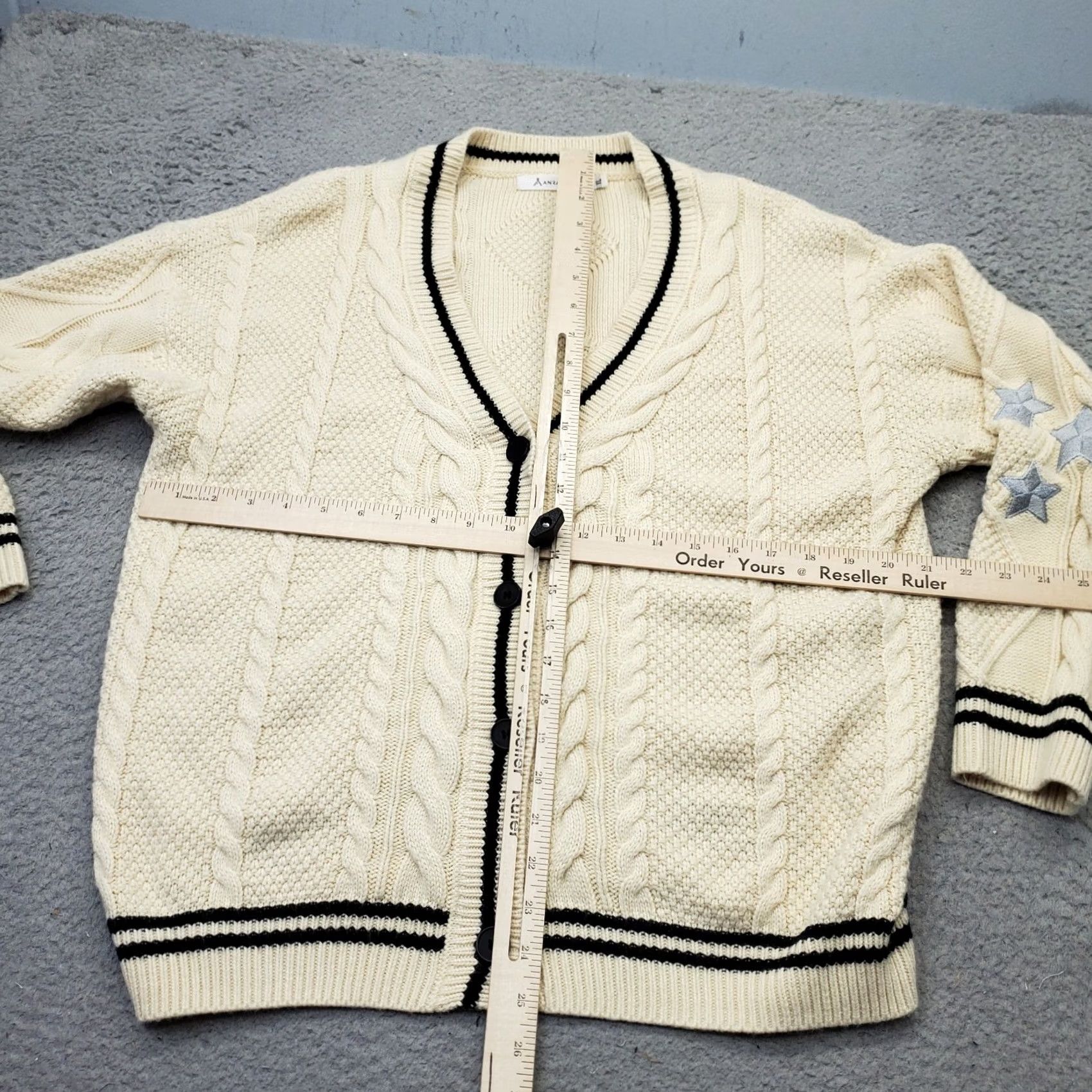 Vintage ANRABESS Cardigan Womens XL Tan Cable Knit Embroidered Star V Neck Button Front Size XL / US 12-14 / IT 48-50 - 3 Thumbnail