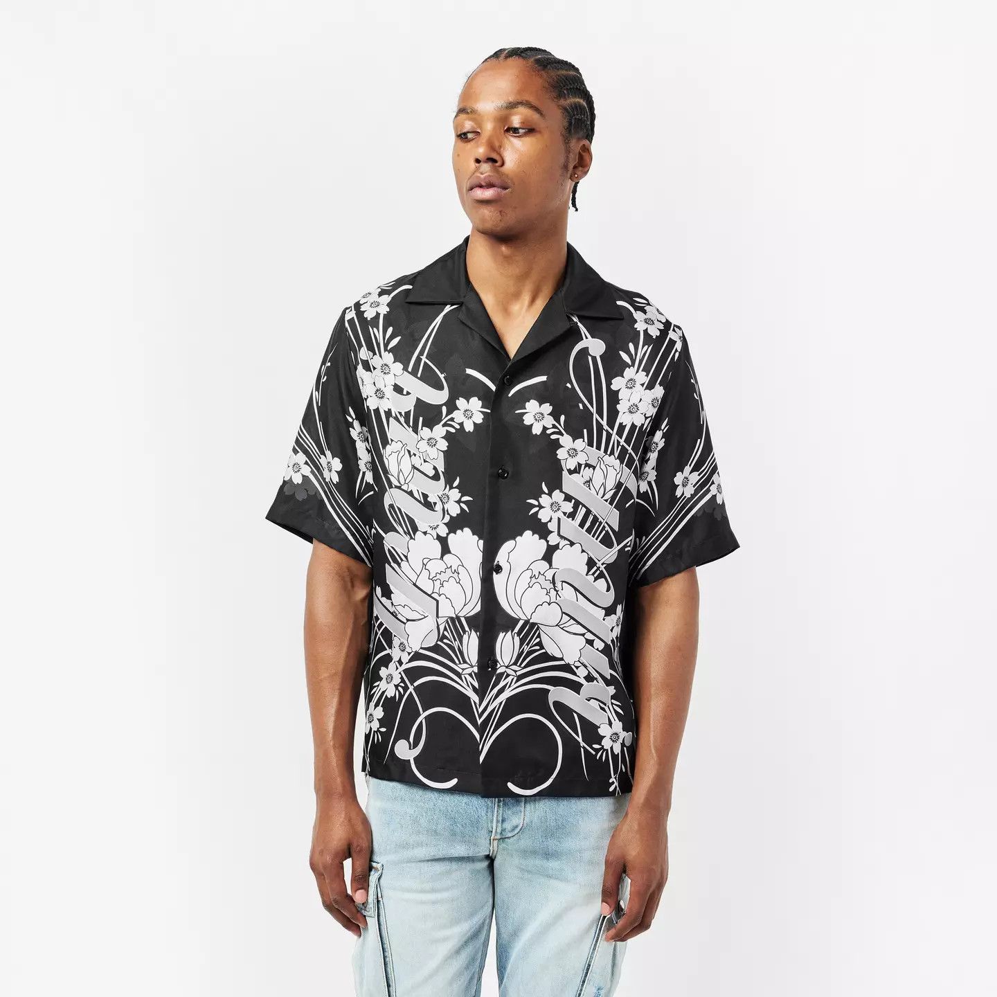 Amiri o1g2r1mq0426 Floral Relaxed Fit Bowling Shirt in Black/White Size US L / EU 52-54 / 3 - 3 Thumbnail