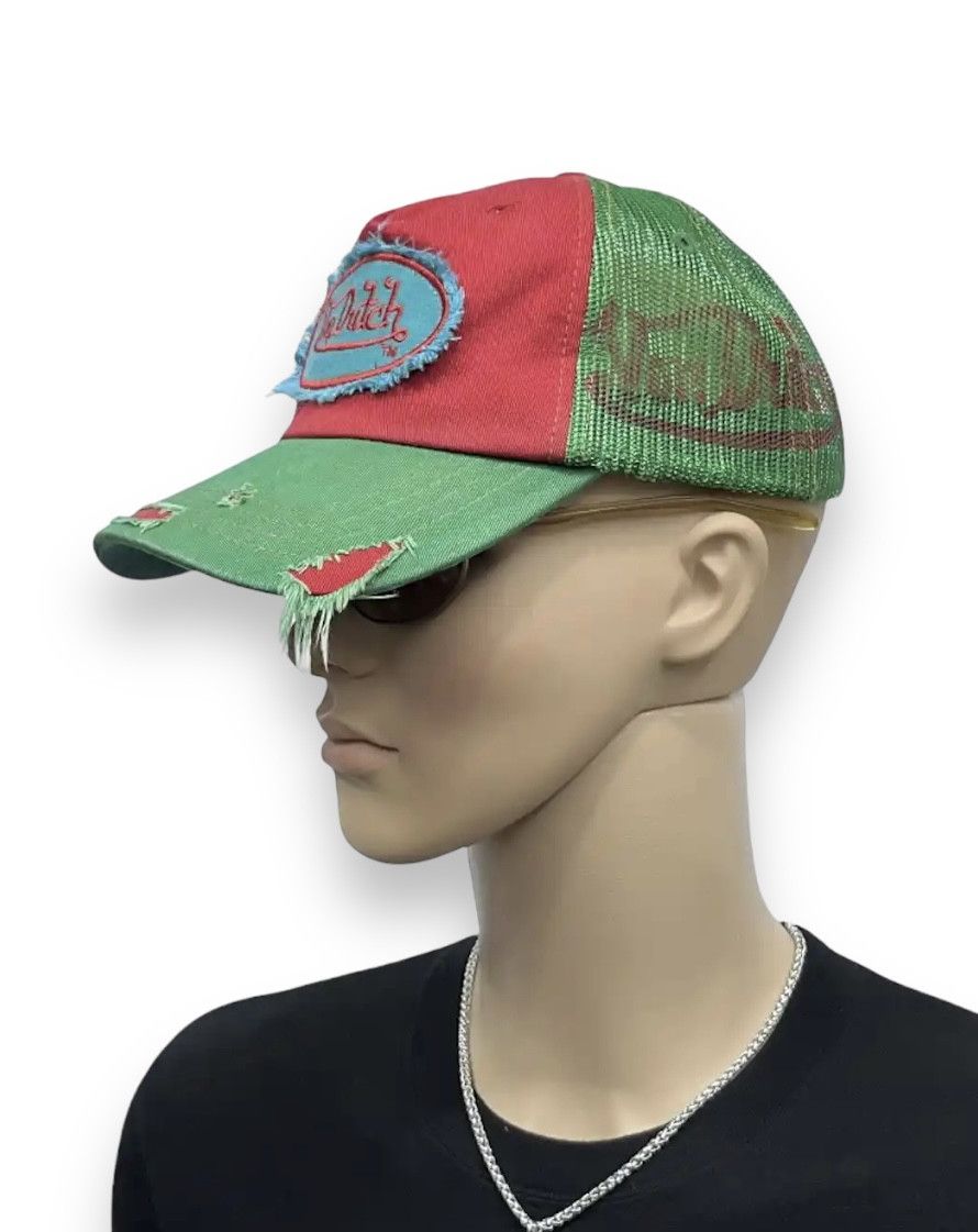 image of Distressed Denim x Trucker Hat Veryvon Dutch Distressed Trucker Hat in Red/Green, Men's