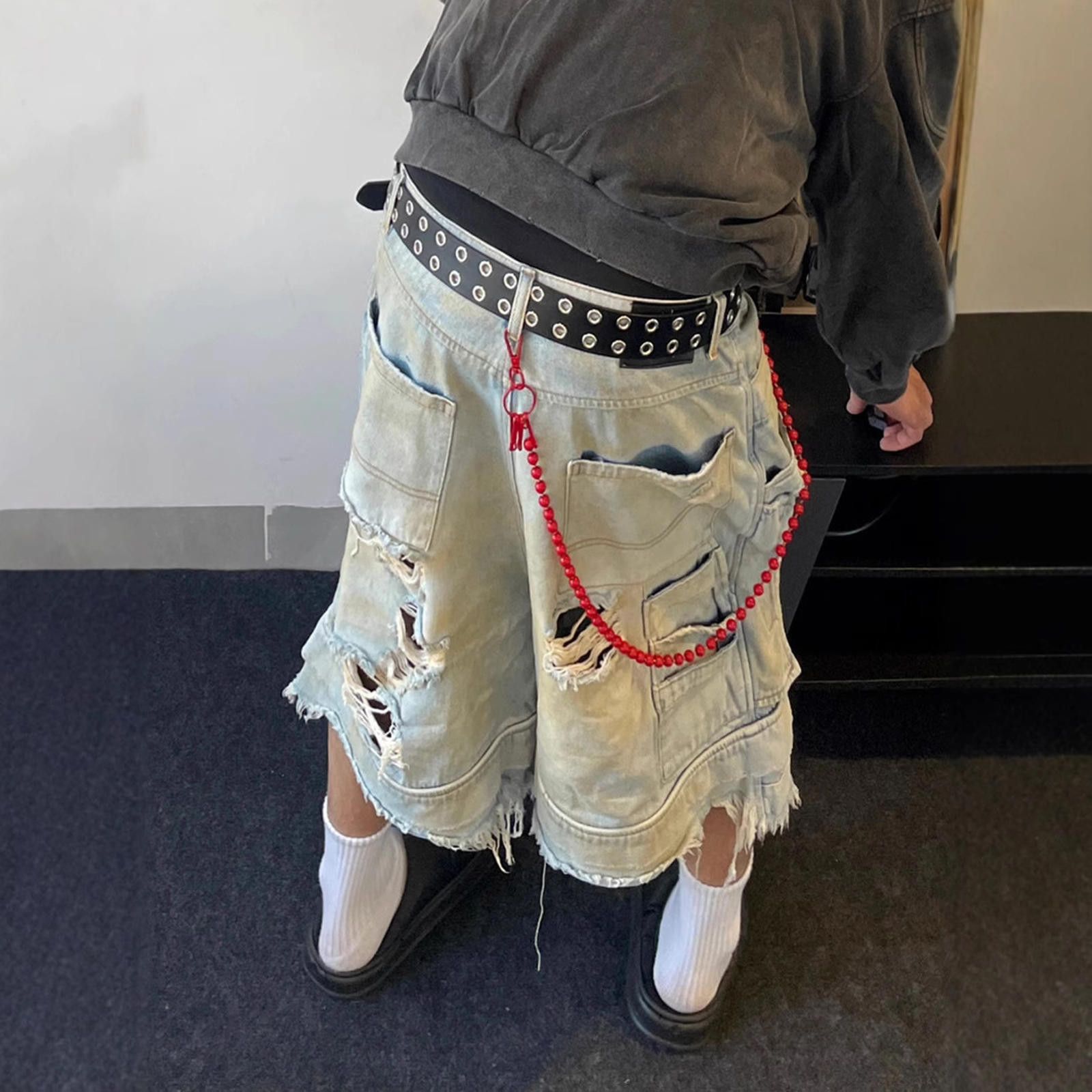 Jean Distressed Straight-Leg Denim Short | Frayed Raw Hem Size US 32 / EU 48 - 3 Thumbnail