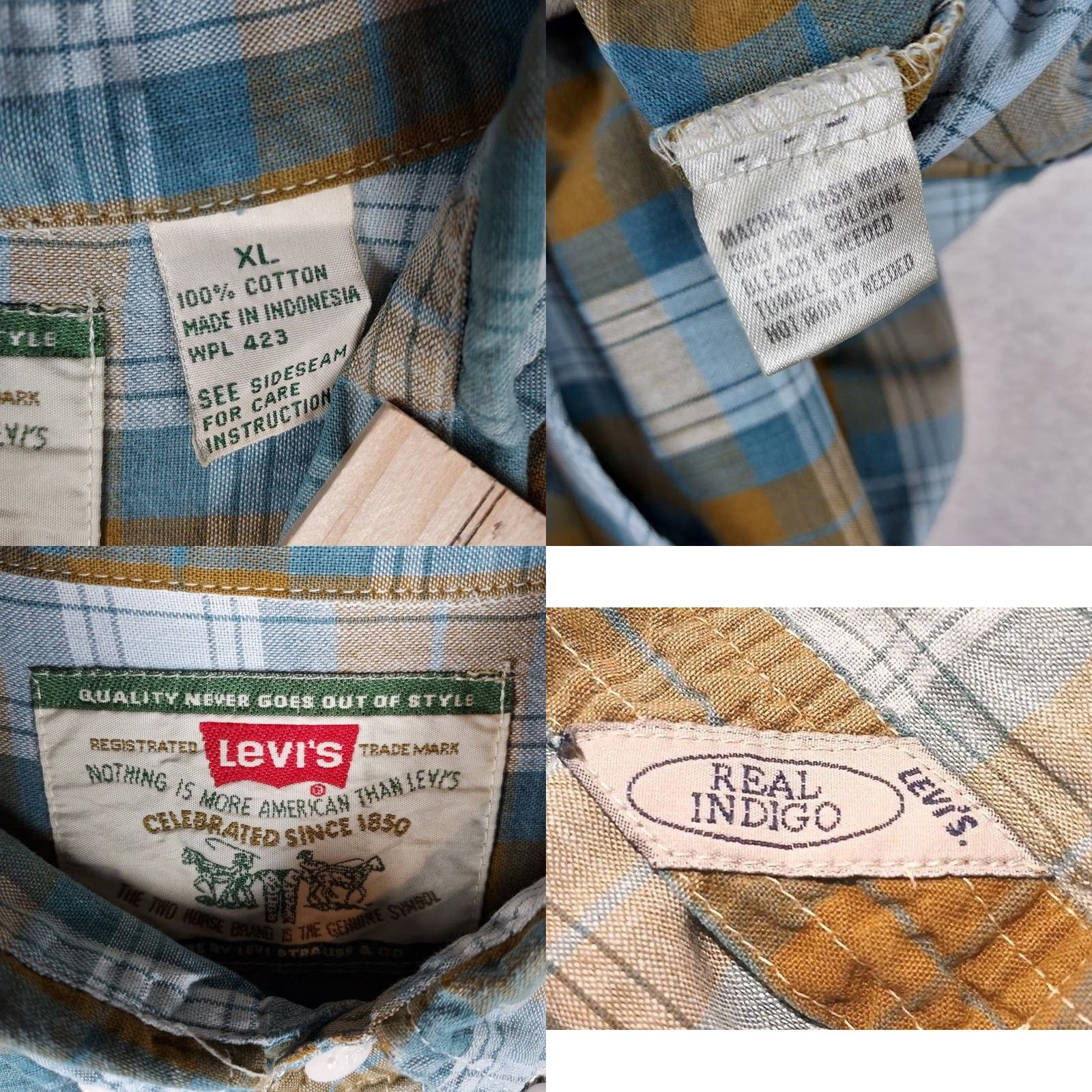 Levi's VINTAGE Levi’s Real Indigo Cotton Plaid Button-Down Shirt XL Blue 90s Mens Regular Collar Long Sleeve Button-Down Embroidered Cotton 100% Size US XL / EU 56 / 4 - 8 Thumbnail