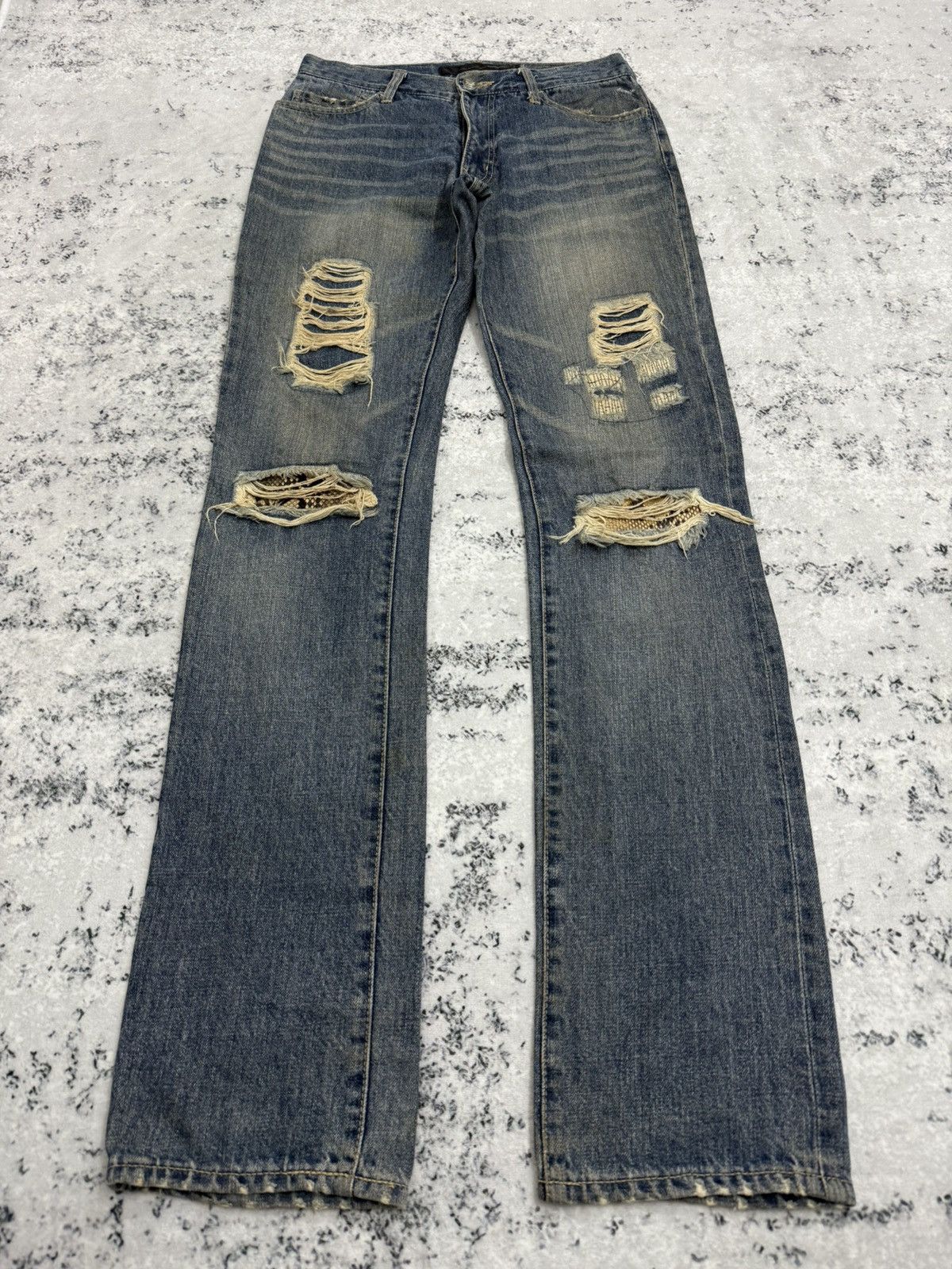 Schlussel Distressed Snake Patch Y2K Grunge Denim Jeans