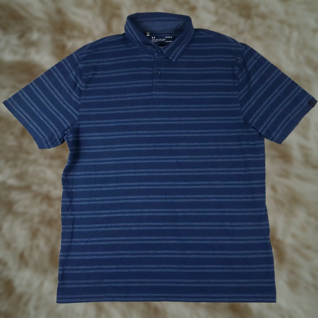 Under Armour Under Armour Polo Shirt Mens Large Blue Striped Cotton Golf Casual Short Sleeve Size US L / EU 52-54 / 3 - 1 Thumbnail
