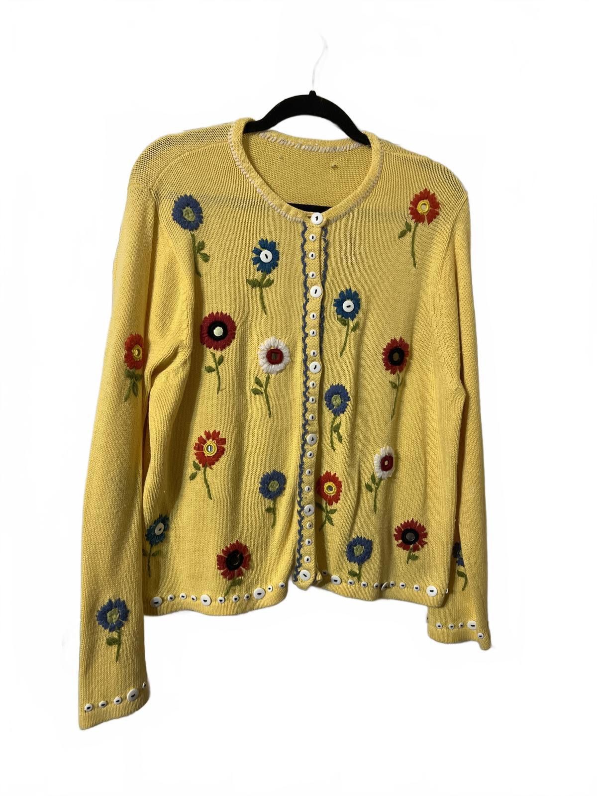 Unknown London Vintage Yellow Floral Embroidered Cardigan XL Cottagecore Size XL / US 12-14 / IT 48-50 - 2 Thumbnail